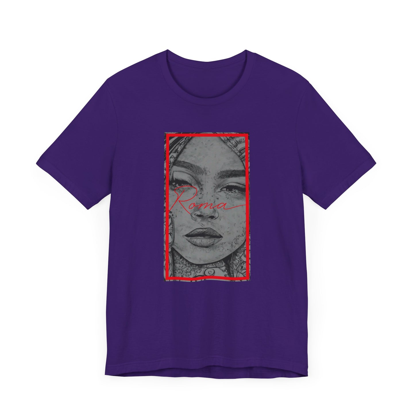 Front view of a short sleeve shirt displaying an artistic Roma statue illustration, ‘ATTENTION’ text fading behind, and ‘Roma’ printed in classic font beneath.