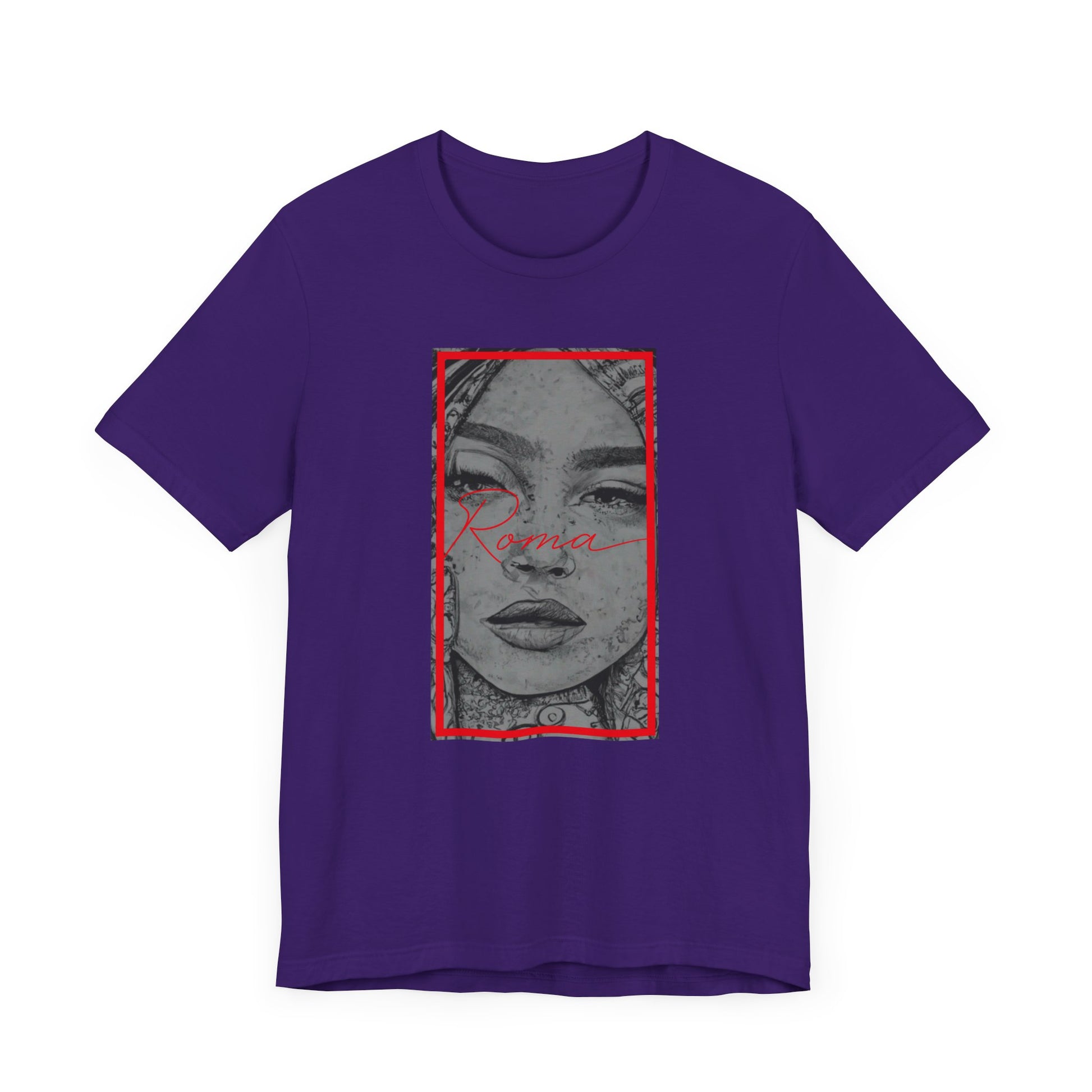Front view of a short sleeve shirt displaying an artistic Roma statue illustration, ‘ATTENTION’ text fading behind, and ‘Roma’ printed in classic font beneath.