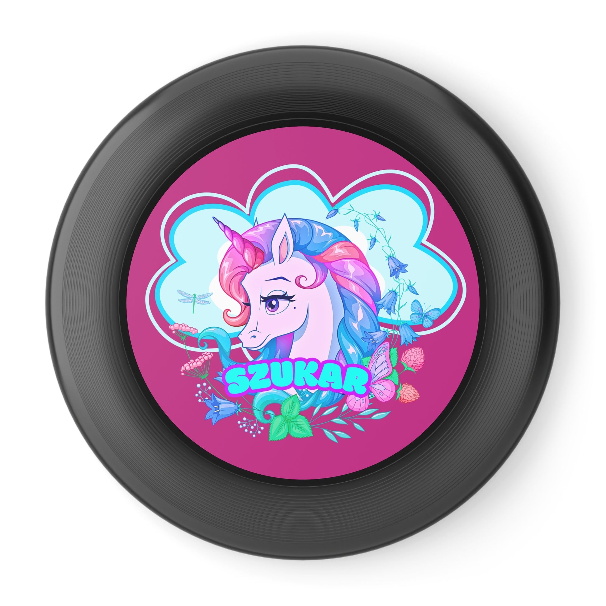 Sporty black frisbee decorated with a bold black circle and a bright pink unicorn figure.