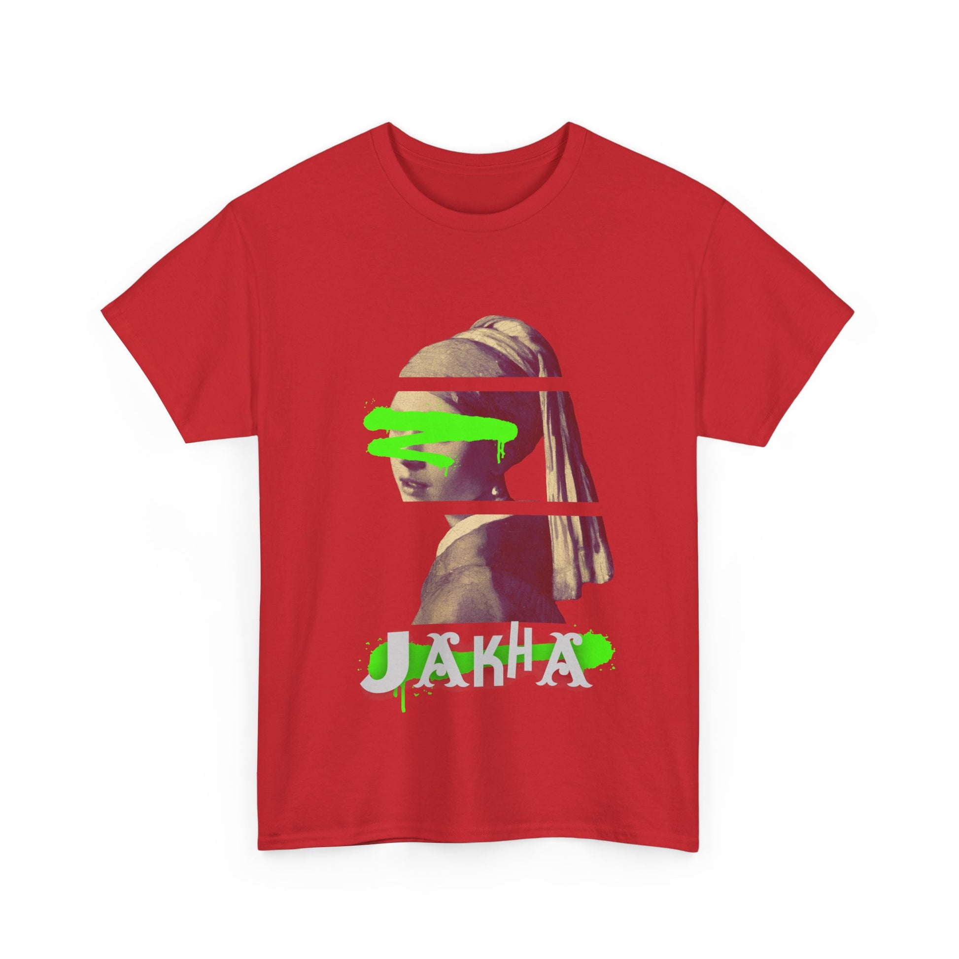 Short sleeve red tee featuring woman sketch and jakha wordmark