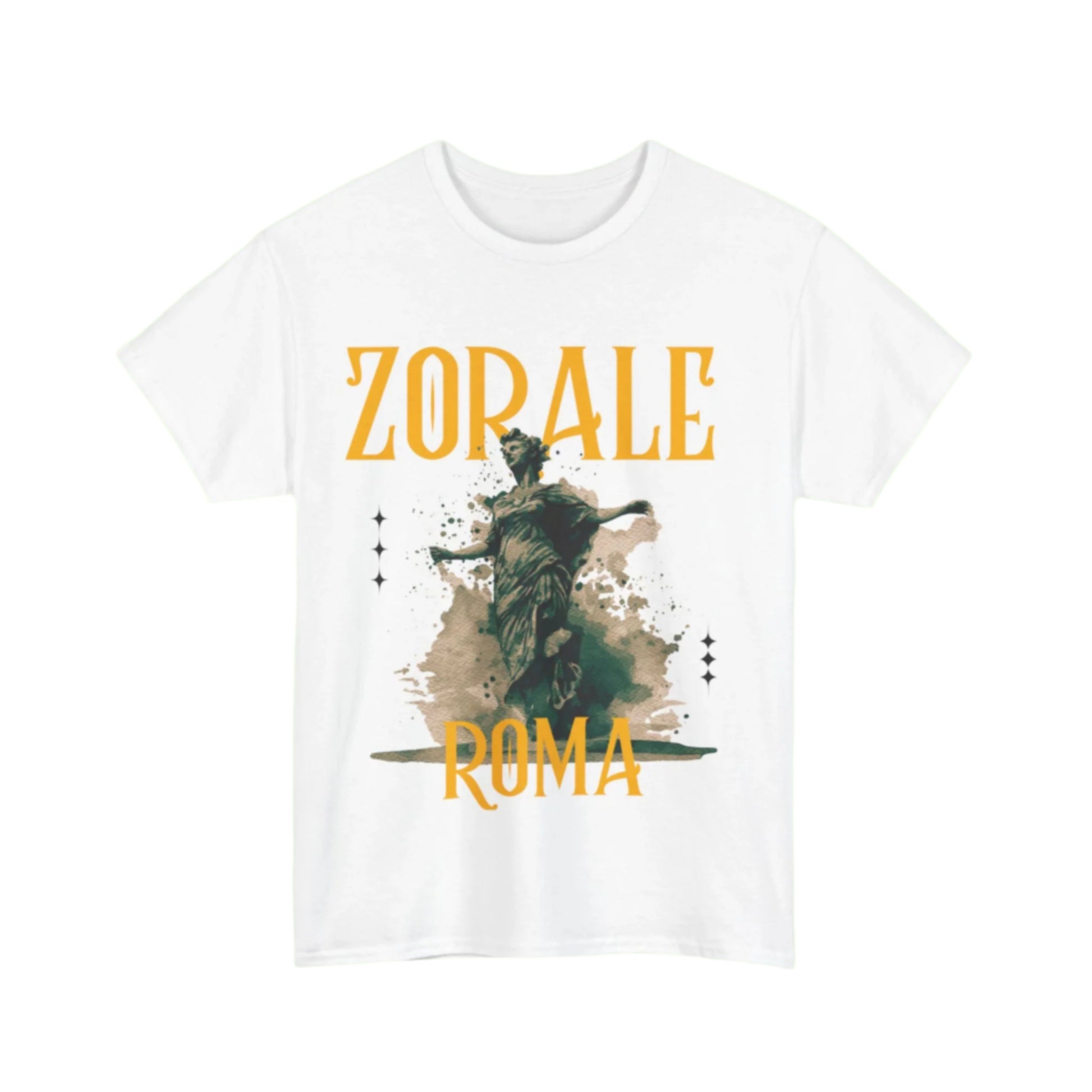 Zorale signature T-shirt with fine line drawing of a Roman statue and subtle ROMA label