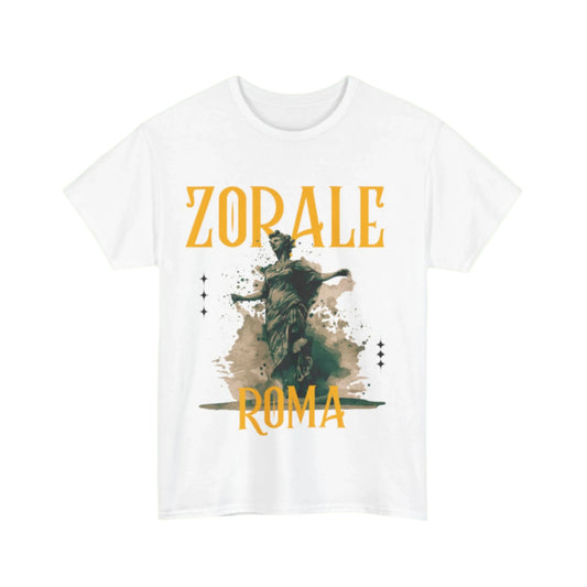 Zorale signature T-shirt with fine line drawing of a Roman statue and subtle ROMA label