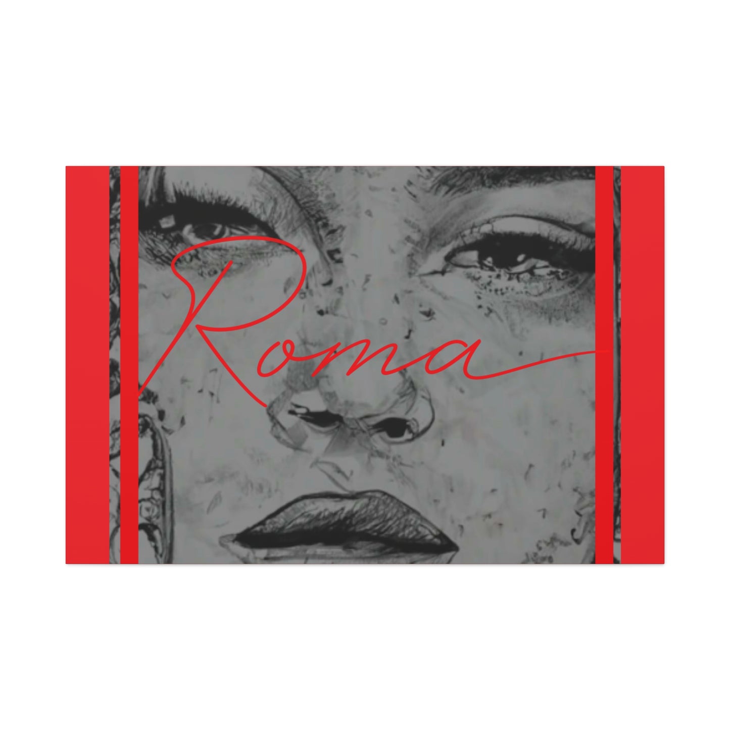 Wall canvas of a vulnerable girl’s expression, capturing the moment before a tear falls, with the word ROMA etched softly in the corner.