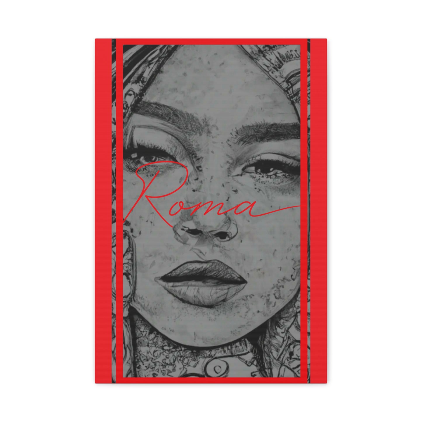Softly lit canvas portraying a girl’s vulnerable expression with tears, framed by clean and simple ROMA lettering.