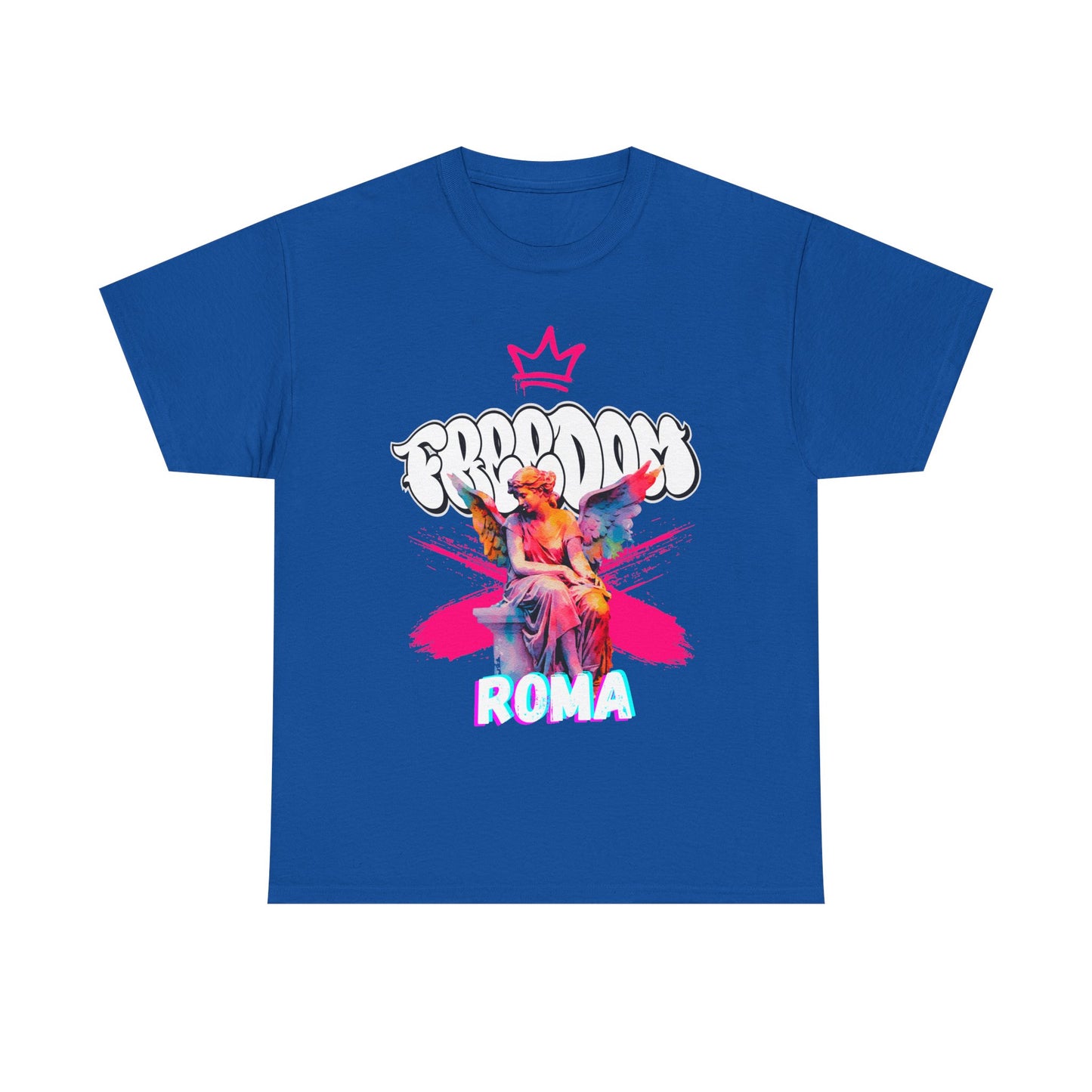 Vibrant blue shirt with romantic pink angel and minimalist ROMA text for kids
