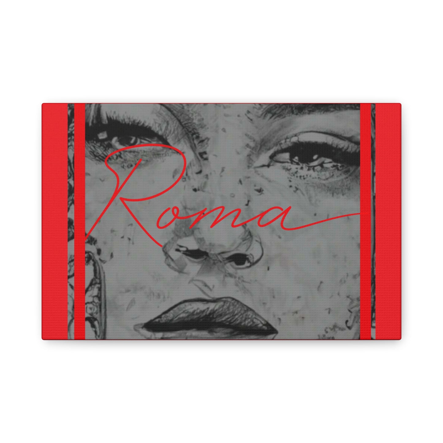 Artistic canvas of a girl with visible tears, balanced by minimalist ROMA text design.