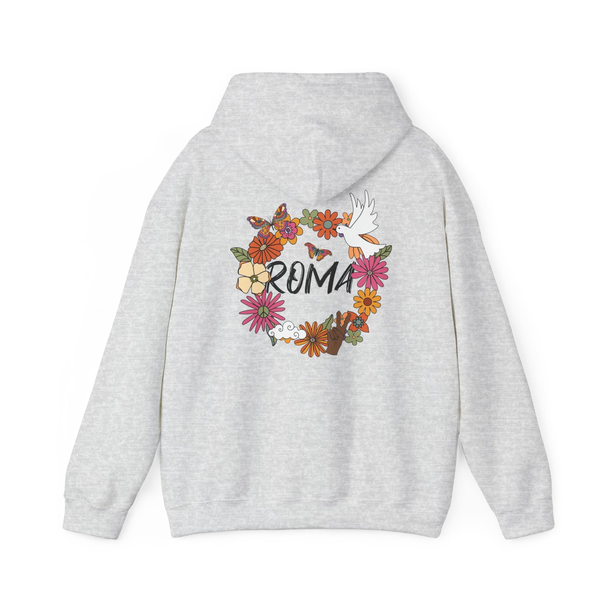 Hoodie design blending romantic florals and symbolic peace imagery—a dove and “ROMA” framed in a perfect circle.
