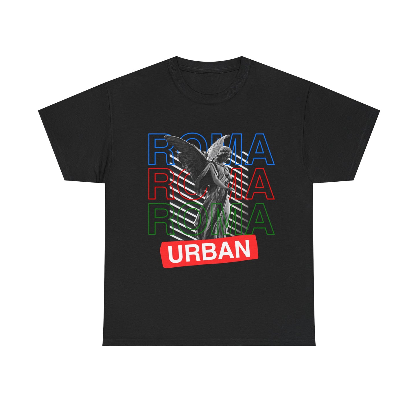 Sketch of angel statue with triple-stacked “ROMA” typography and “urban” label on tee front.

