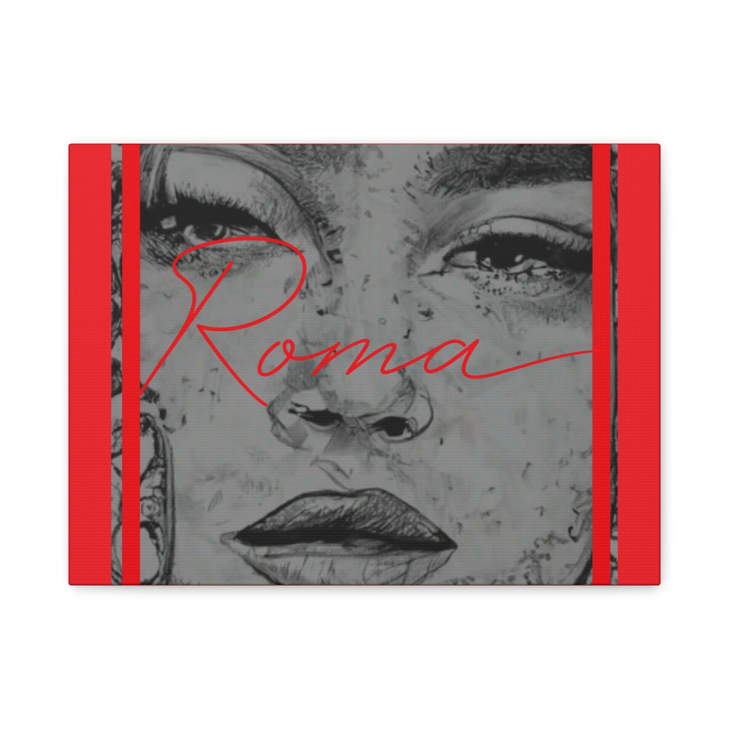 Contemporary canvas art focusing on a teary-eyed girl’s face with vertical ROMA text for balance.
