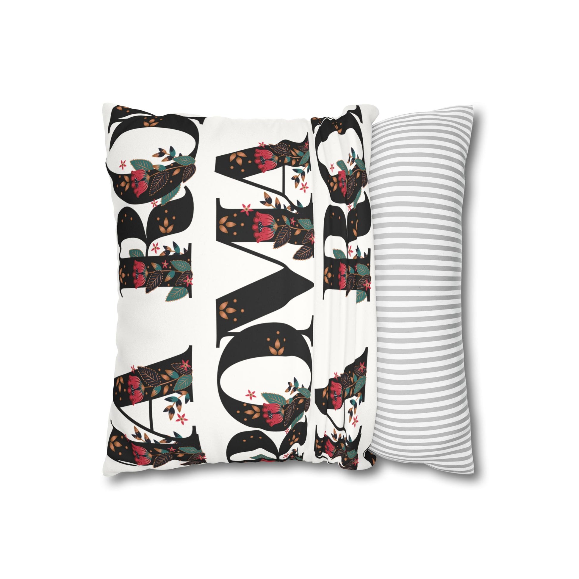 White throw pillow with bold black ROMA text centered on the front.