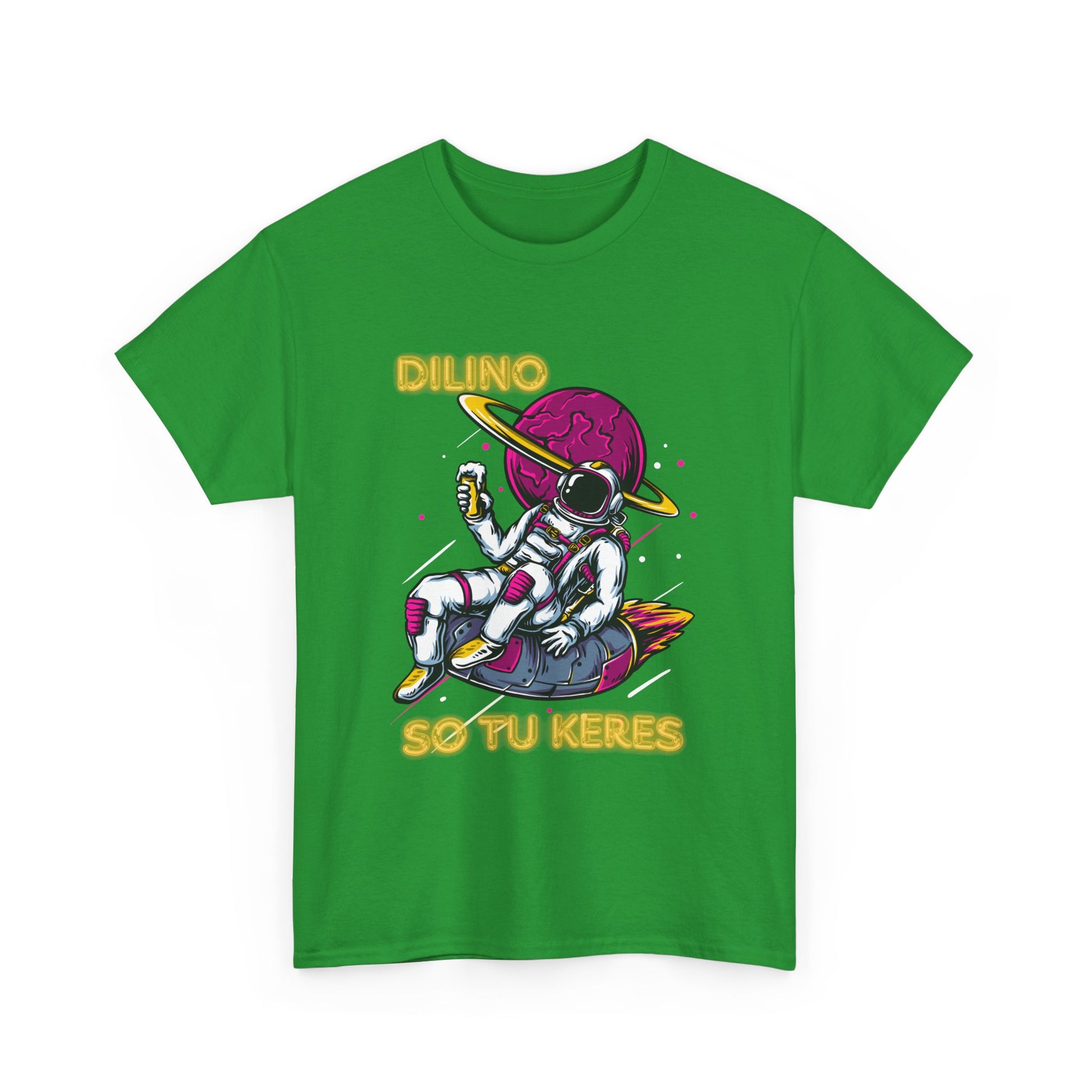 Fashion t-shirt featuring bold ‘DILINO’ letters, a nastrabnout image, and ‘SO TU KERES’ text.