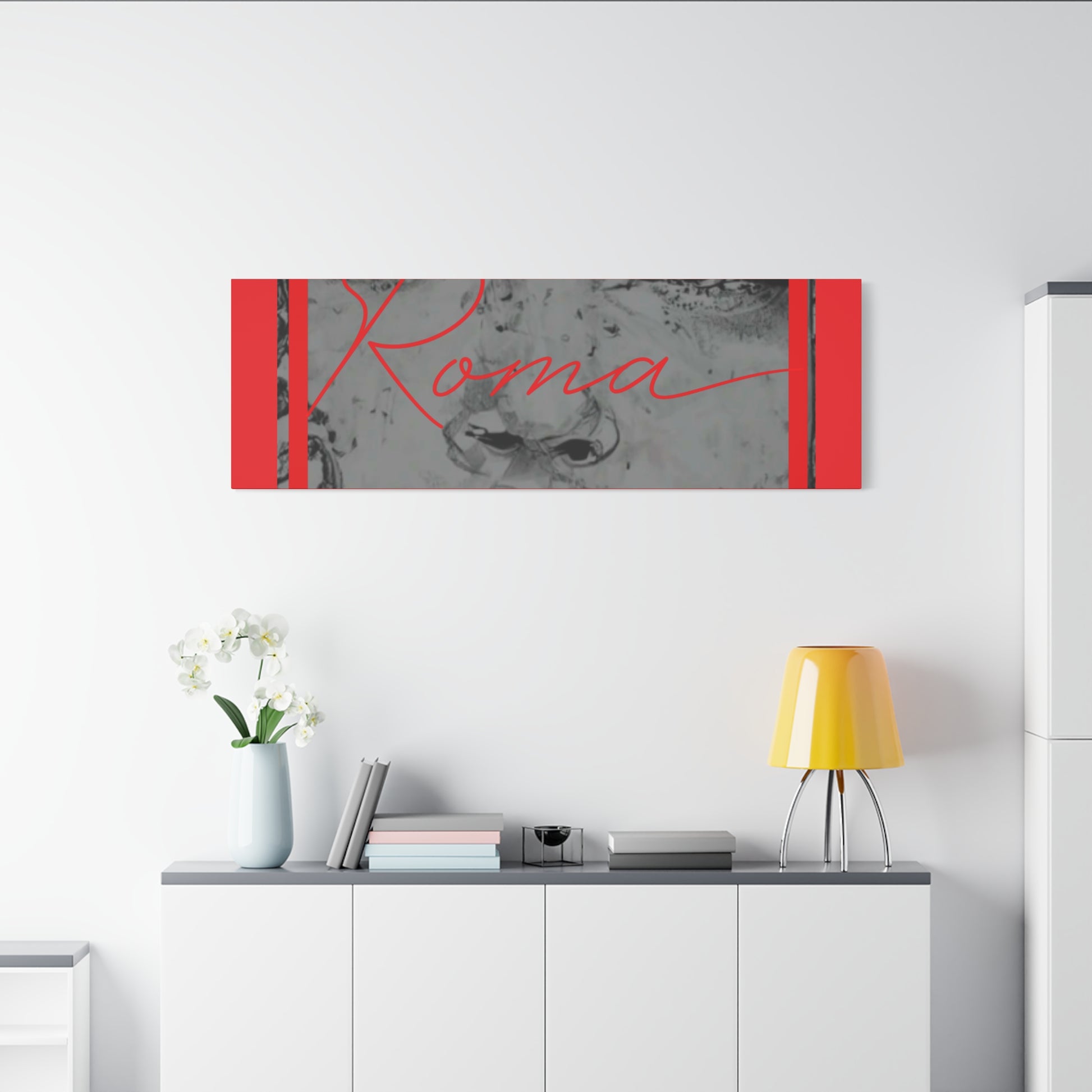 Wall canvas featuring a stylized girl’s face with visible tears and the word ROMA across the design.
