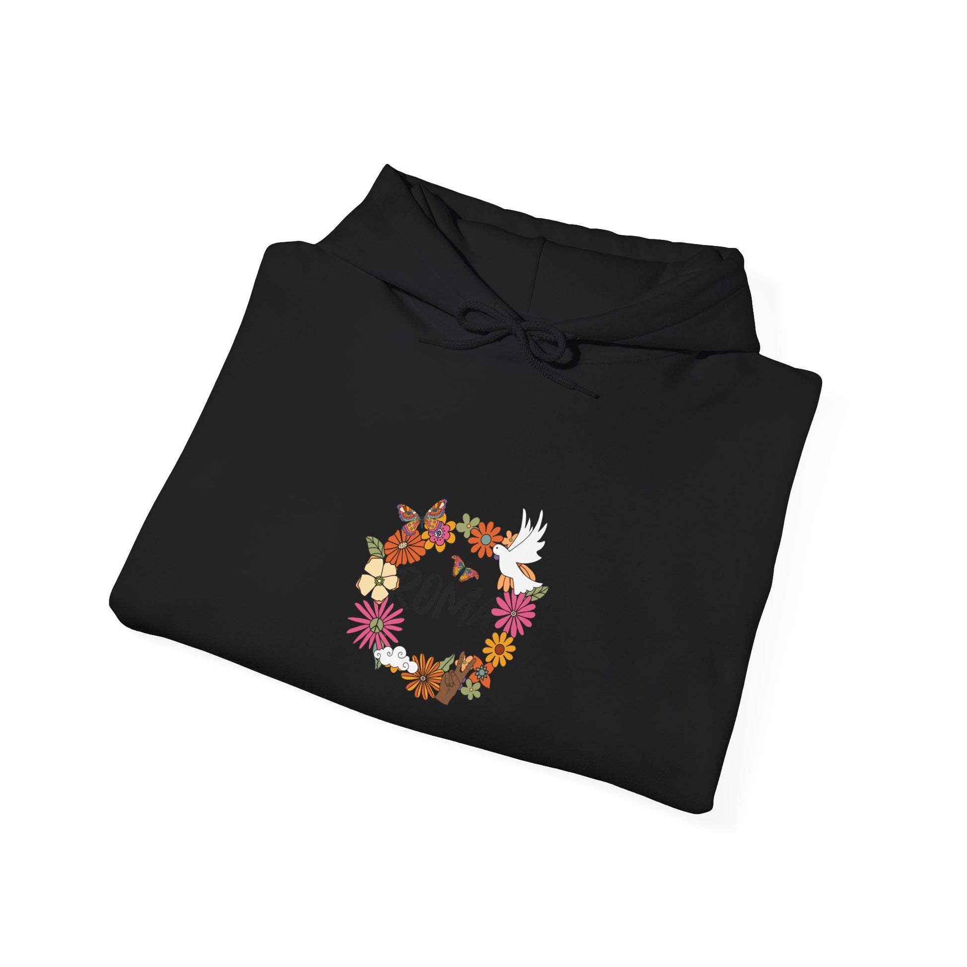 Modern hoodie showcasing layered floral elements in a circular layout with “ROMA” and a dove symbol at the center.