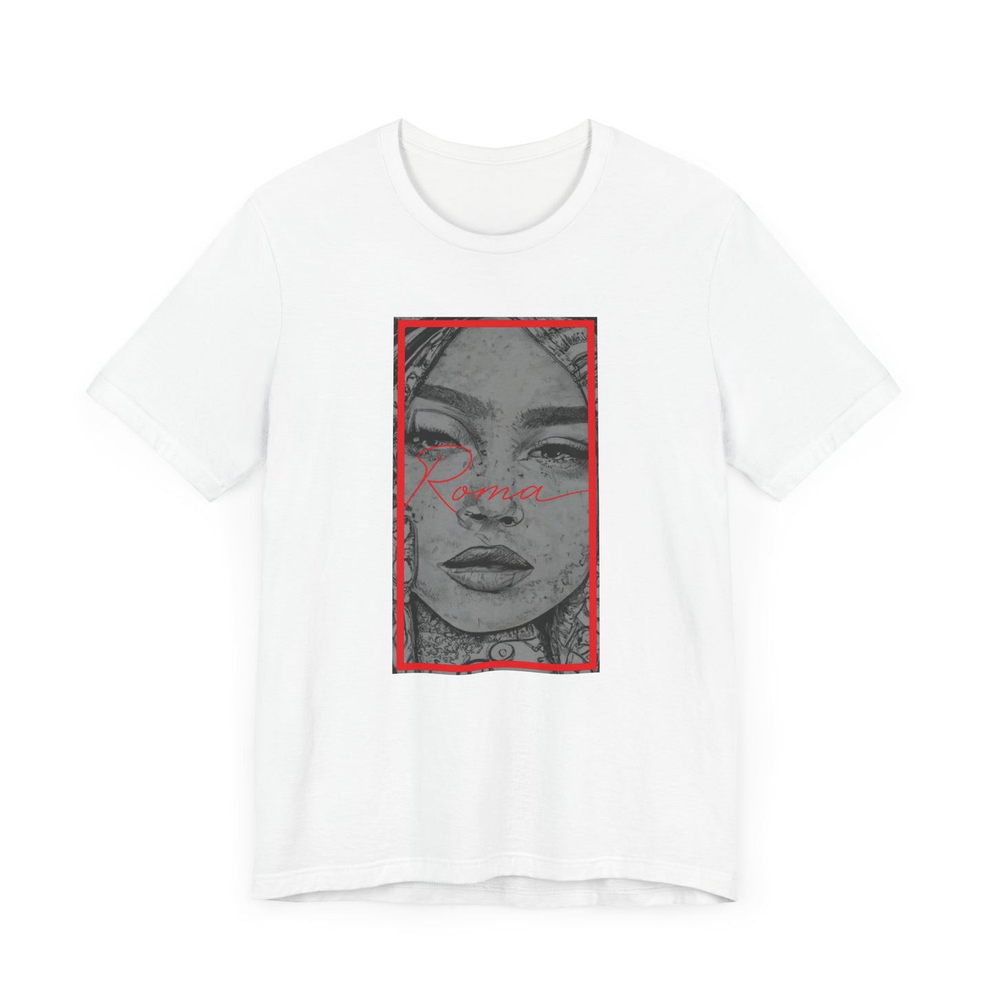 T-shirt design with GADJO text cut out from a digital collage of historical Roma symbols and colors.