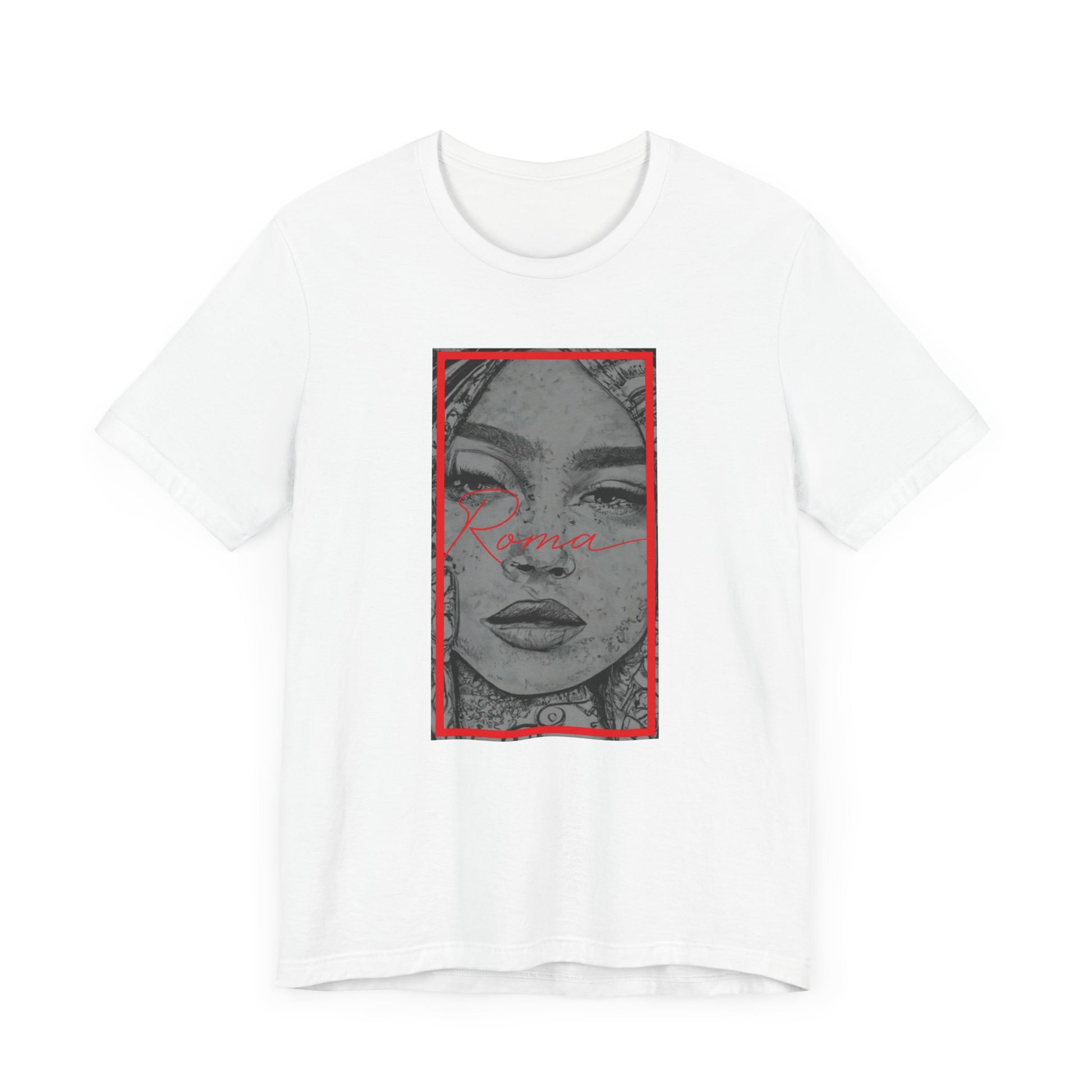 T-shirt design with GADJO text cut out from a digital collage of historical Roma symbols and colors.