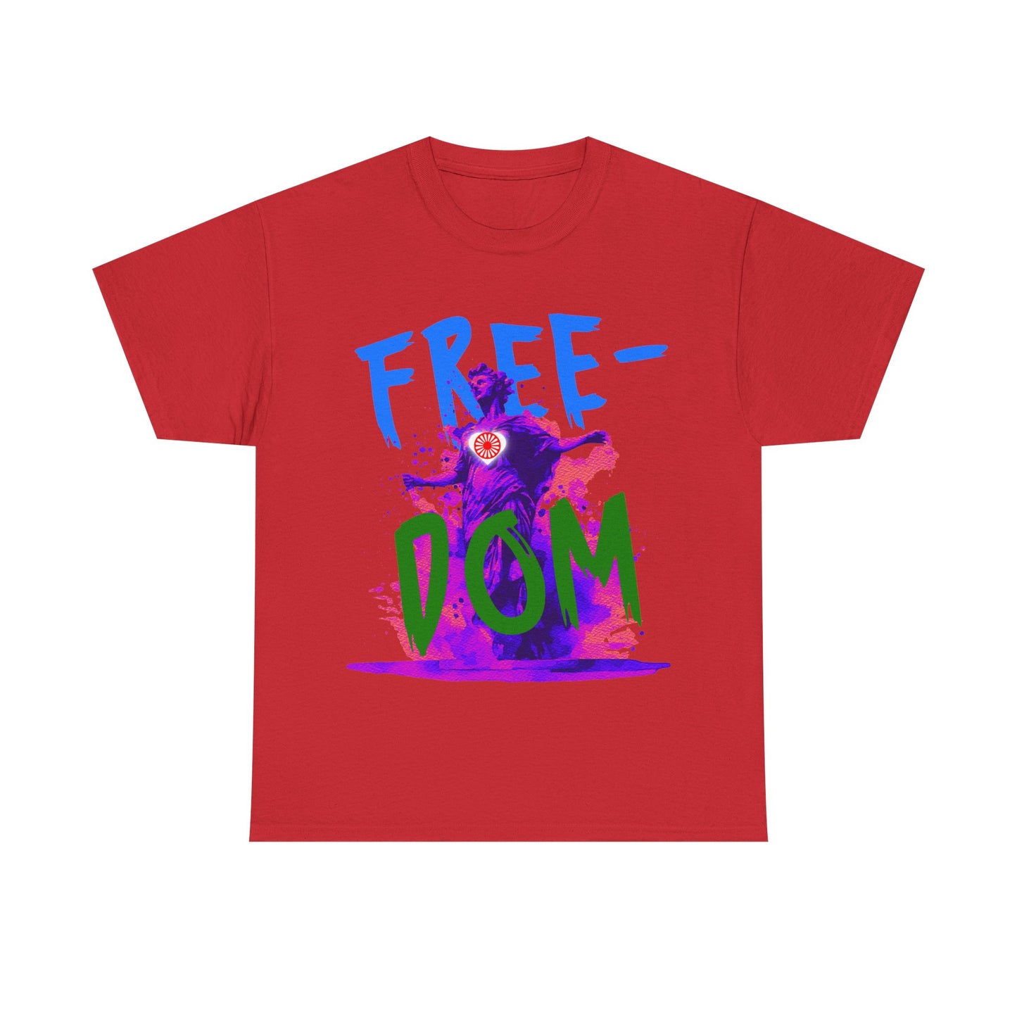 Short sleeve shirt with classical statue artwork paired with expressive “FREEDOM” text.