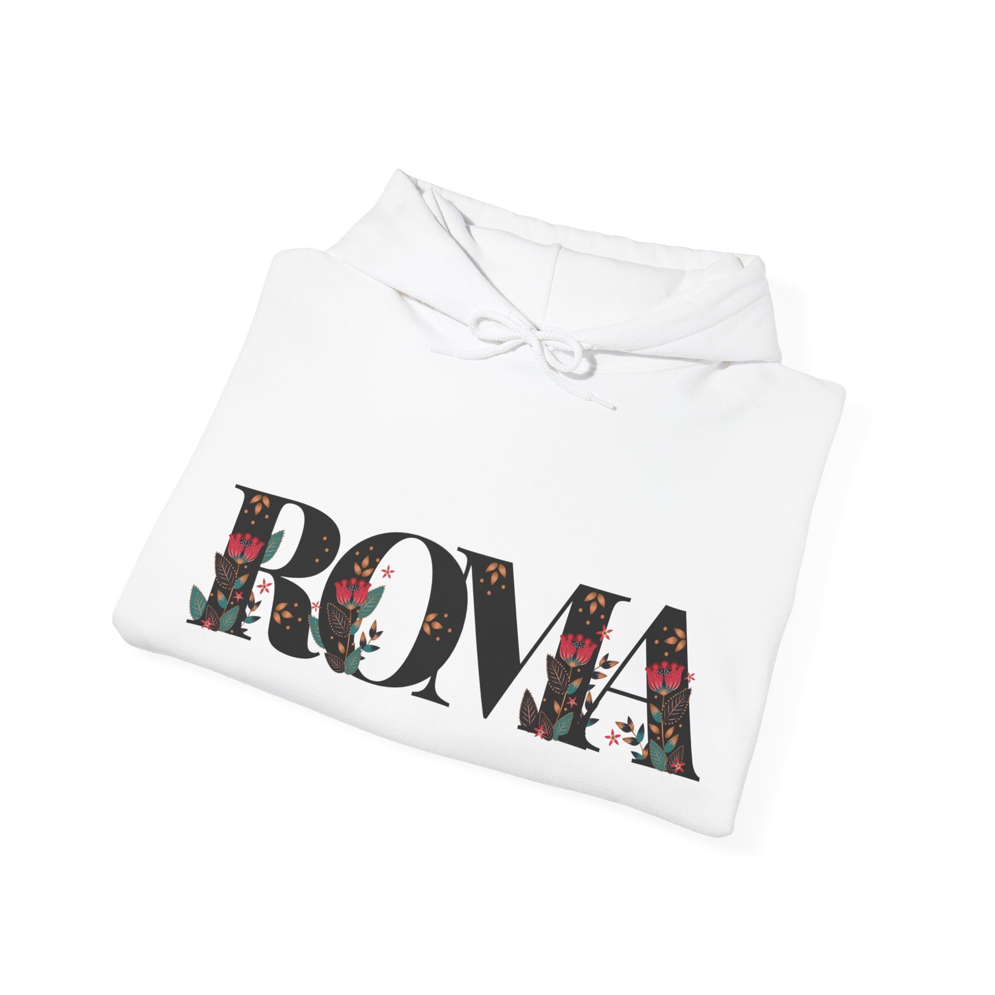 Clean Minimalist Hoodie design centered with a symbolic ROMA TEXT with a ROMA featuring SZUKAR ROMA.
