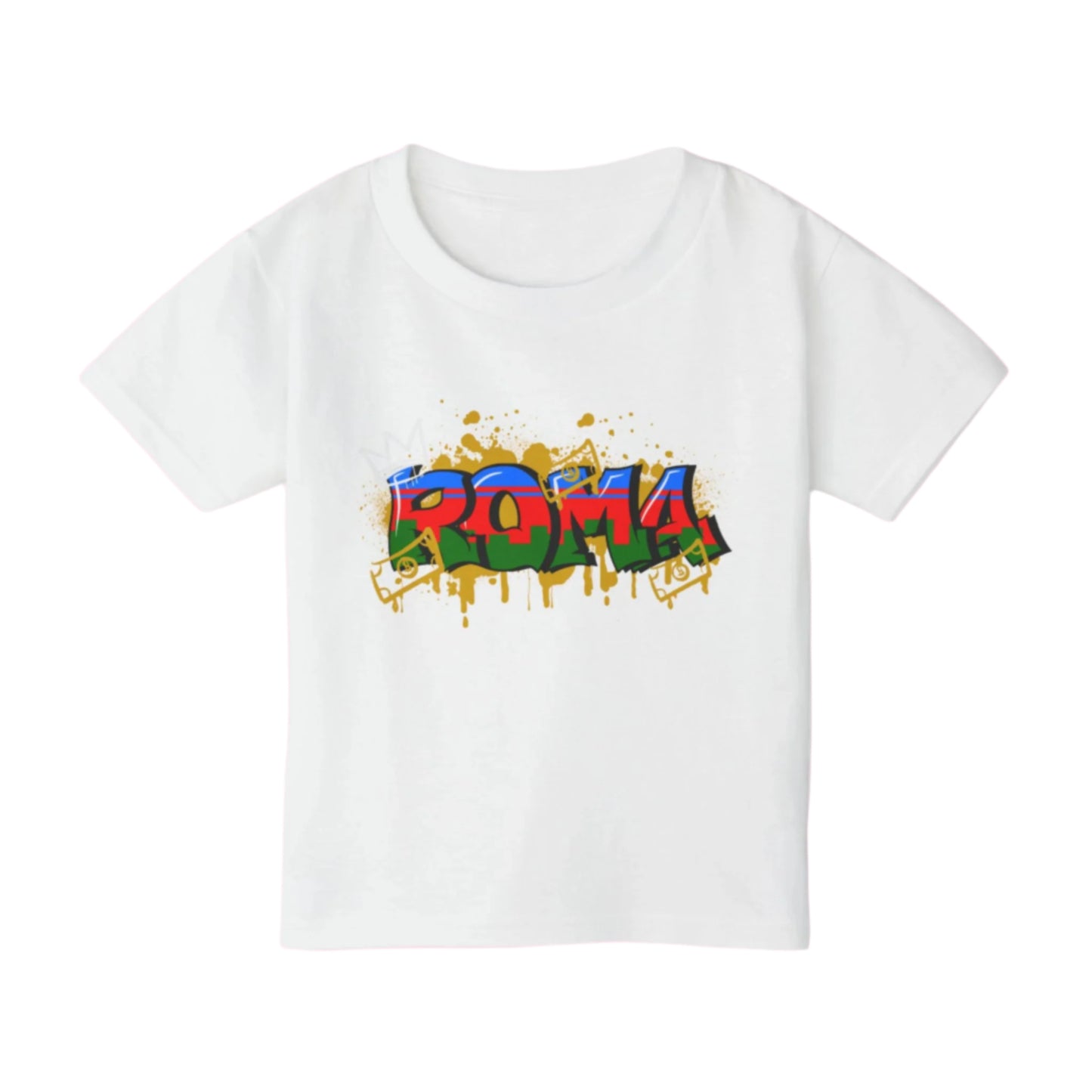 Short sleeve white tee featuring angel sketch and ROMA wordmark