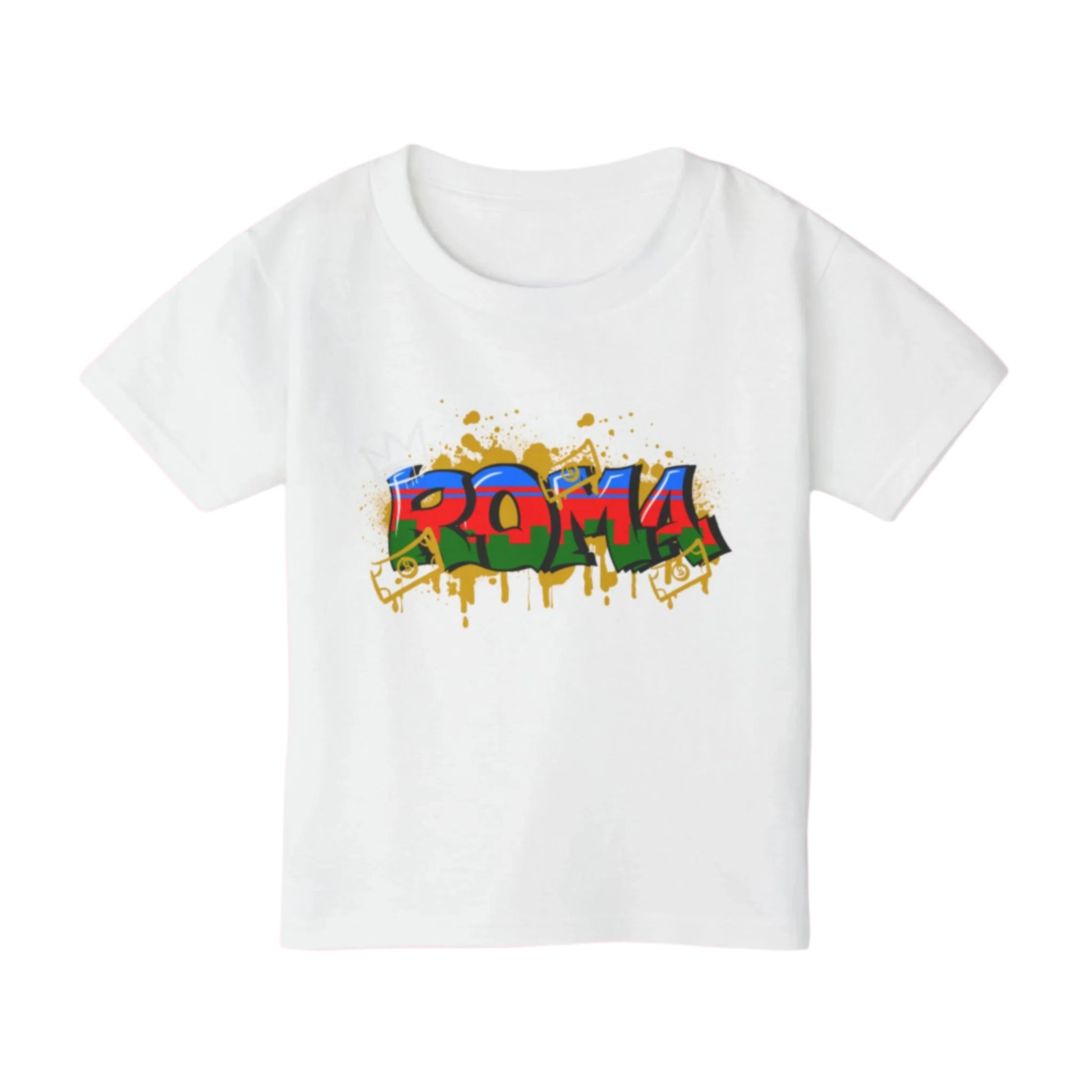 Short sleeve white tee featuring angel sketch and ROMA wordmark