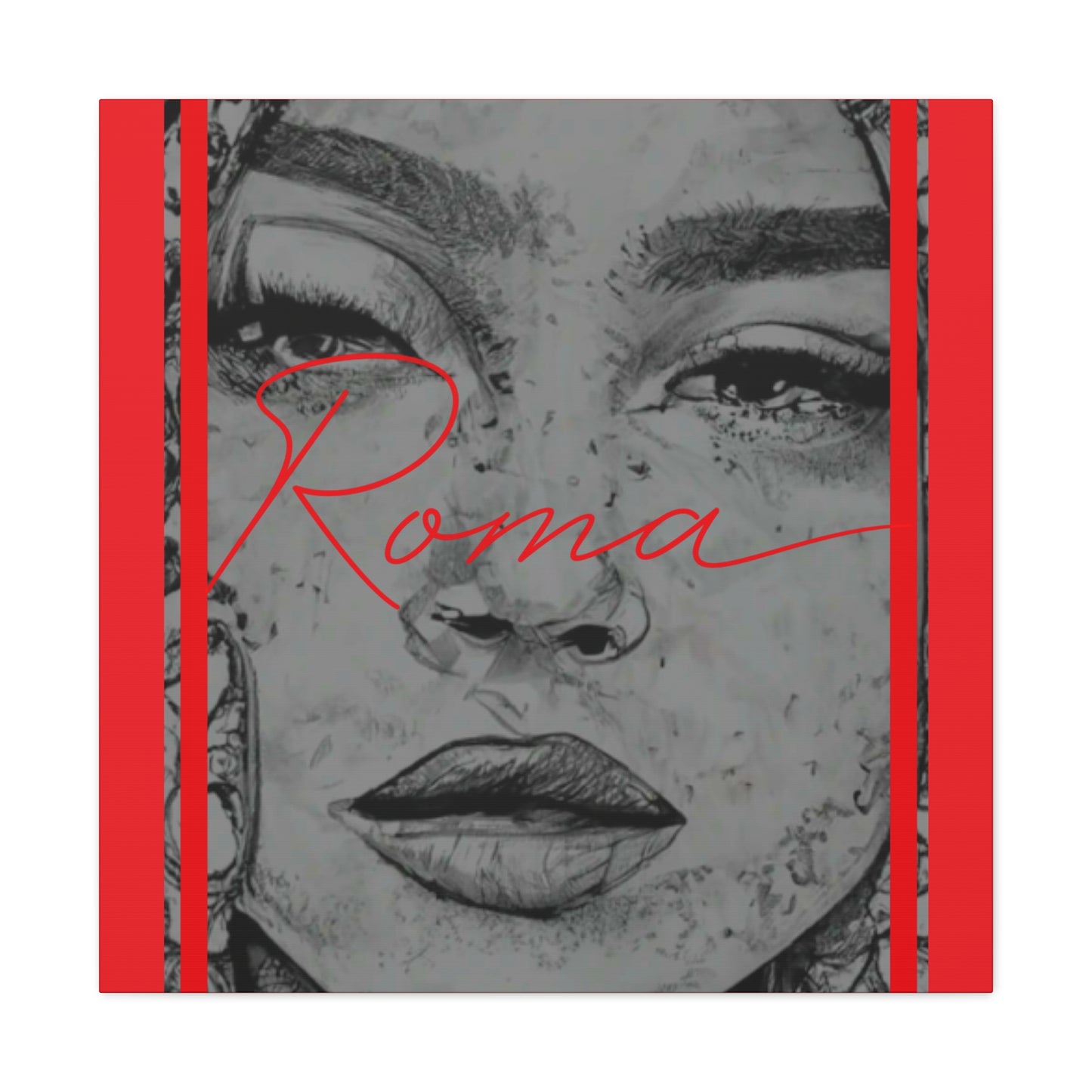 Detailed canvas art of a girl’s face expressing quiet sadness, complemented by sharp ROMA typography.