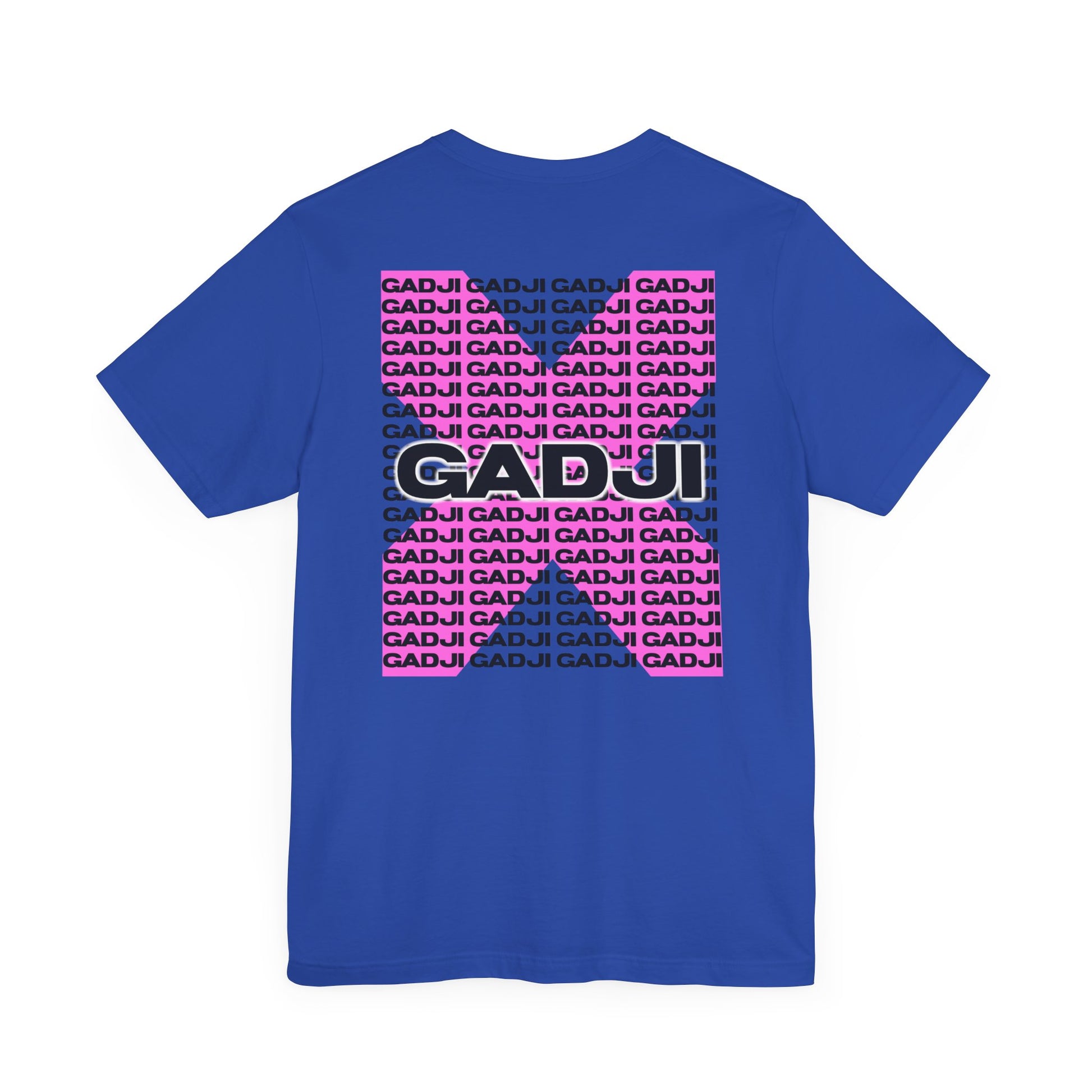 Deep purple shirt with GADJI text in classic Roman capital letters and gold accents.
