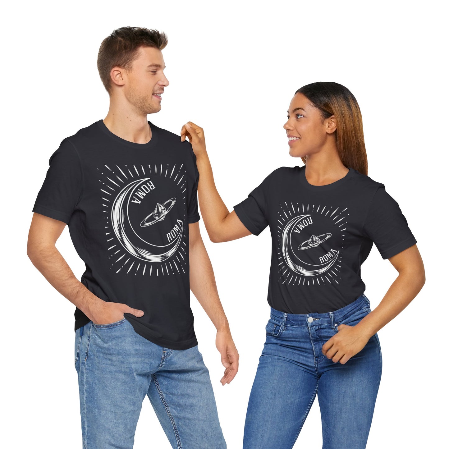 Laid-back shirt design with an abstract moon and typography that climbs down the side.