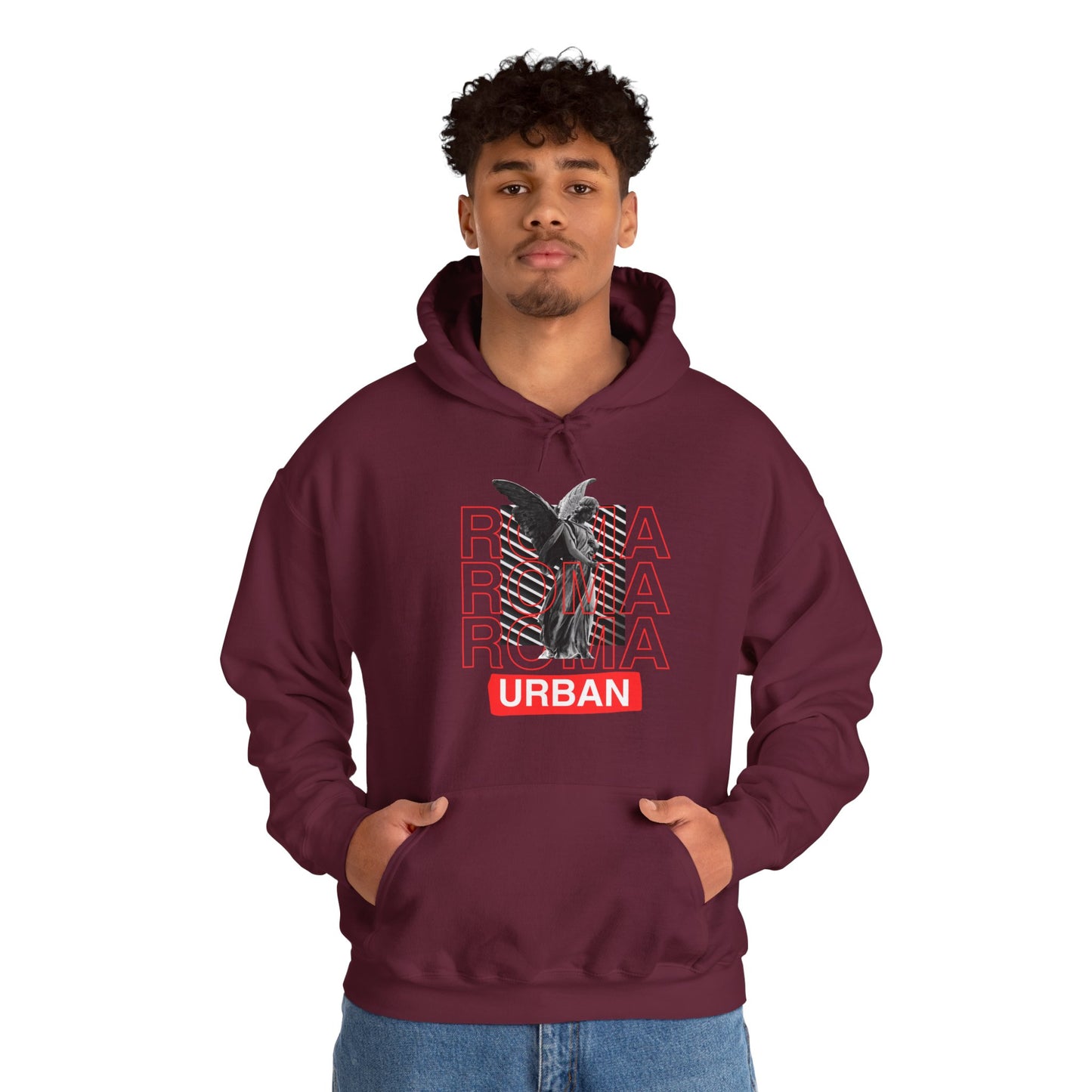 Edgy hoodie with faded statue artwork crossing through ROMA letters, labeled “URBAN” at the base.
