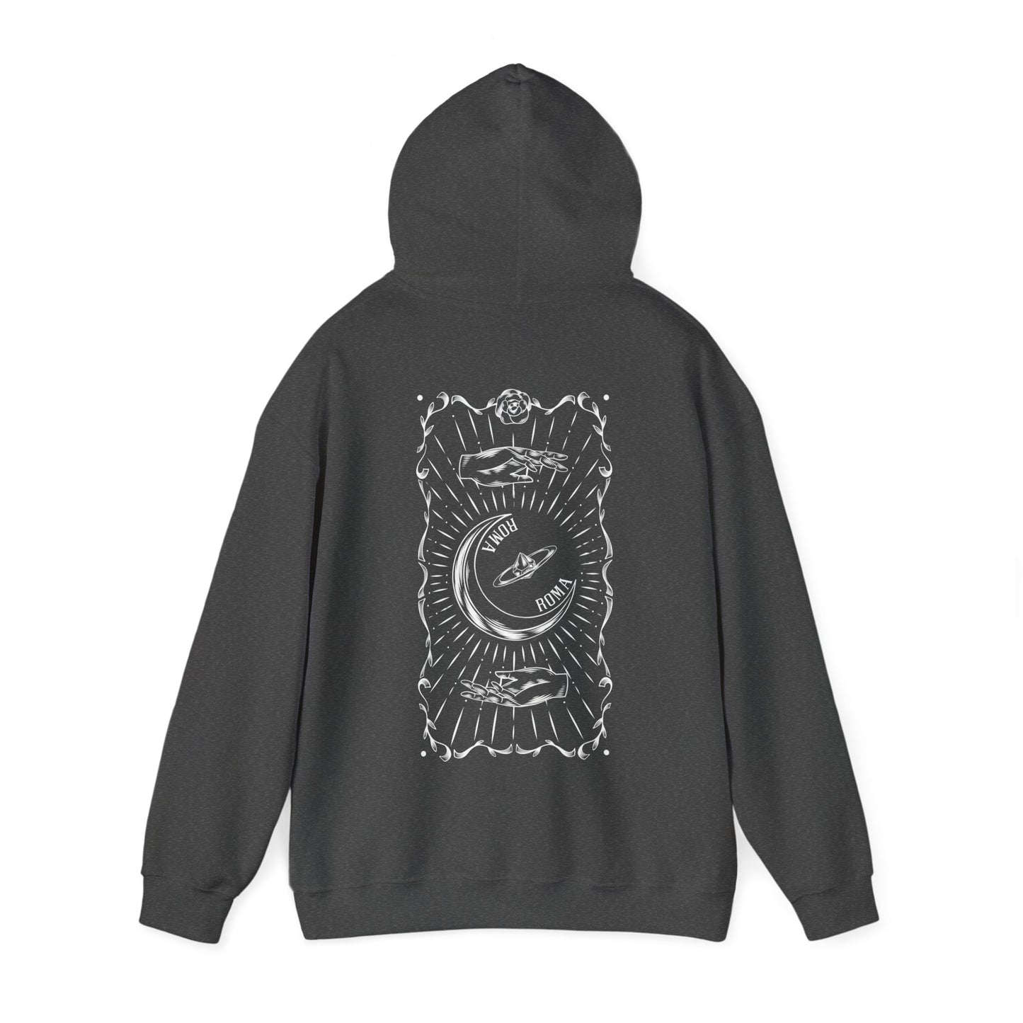 Comfortable gray hoodie with artistic half-moon and ROMA text illustration