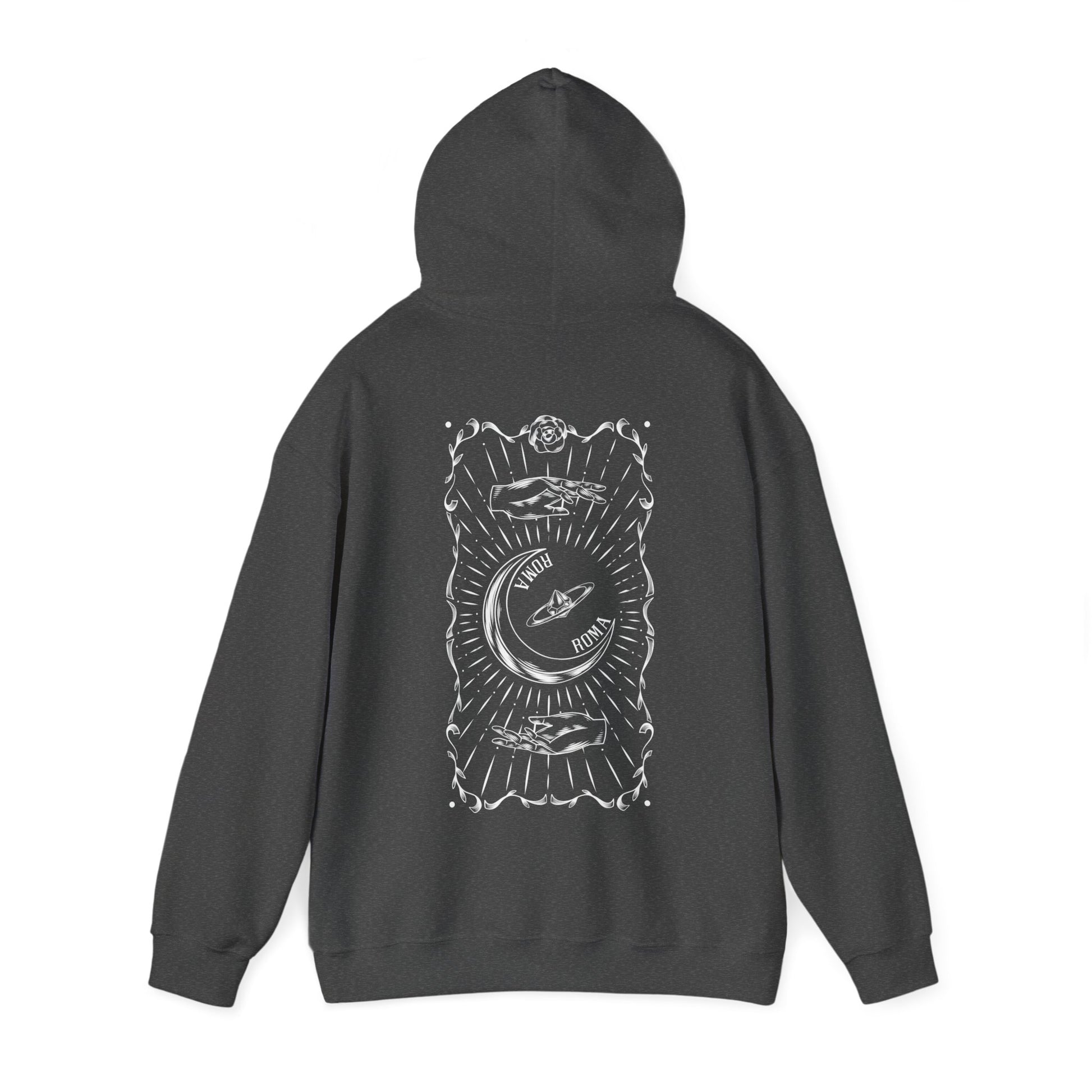 Comfortable gray hoodie with artistic half-moon and ROMA text illustration