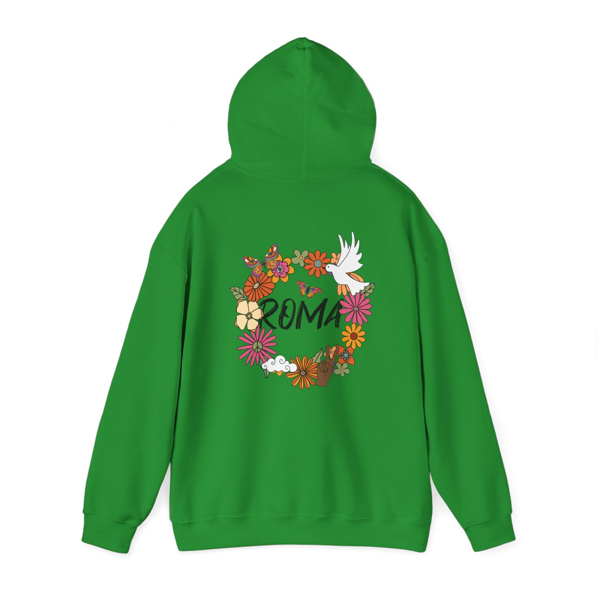 Hoodie designed with a natural motif: flowers arranged in a circle, a dove in the center, and “ROMA” text inside the wreath.