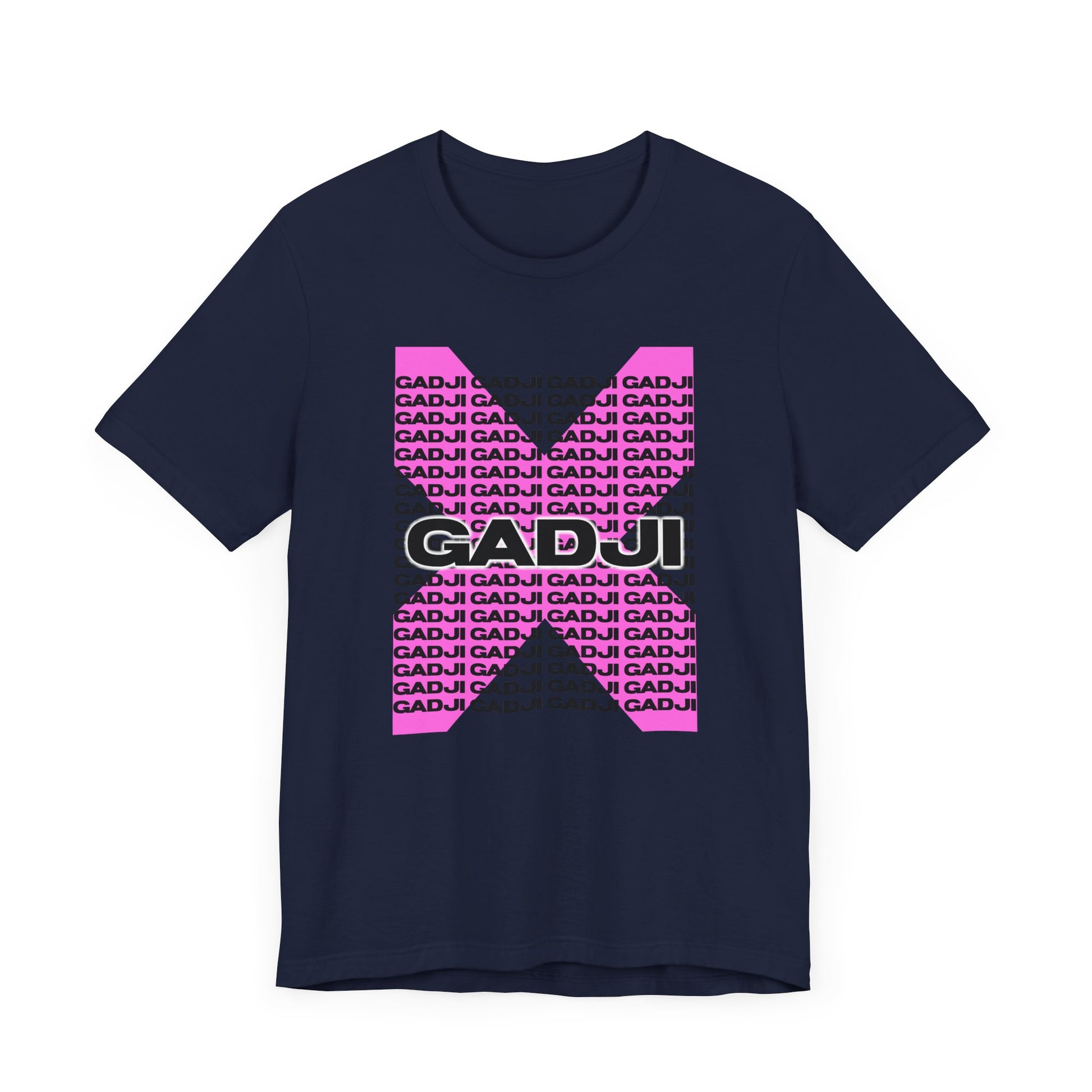Classic black t-shirt with white GADJI text designed in vintage Roman typography.