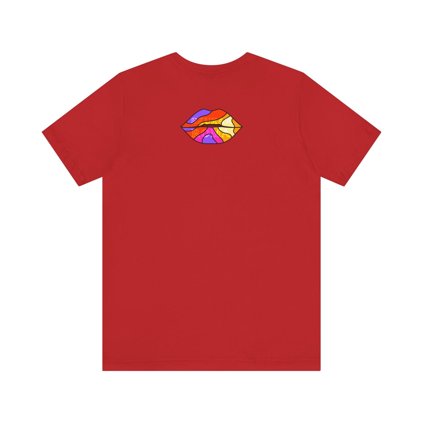 Vibrant tee with artistic lips and barely visible SUKAR ROMA script, camouflaged in the design