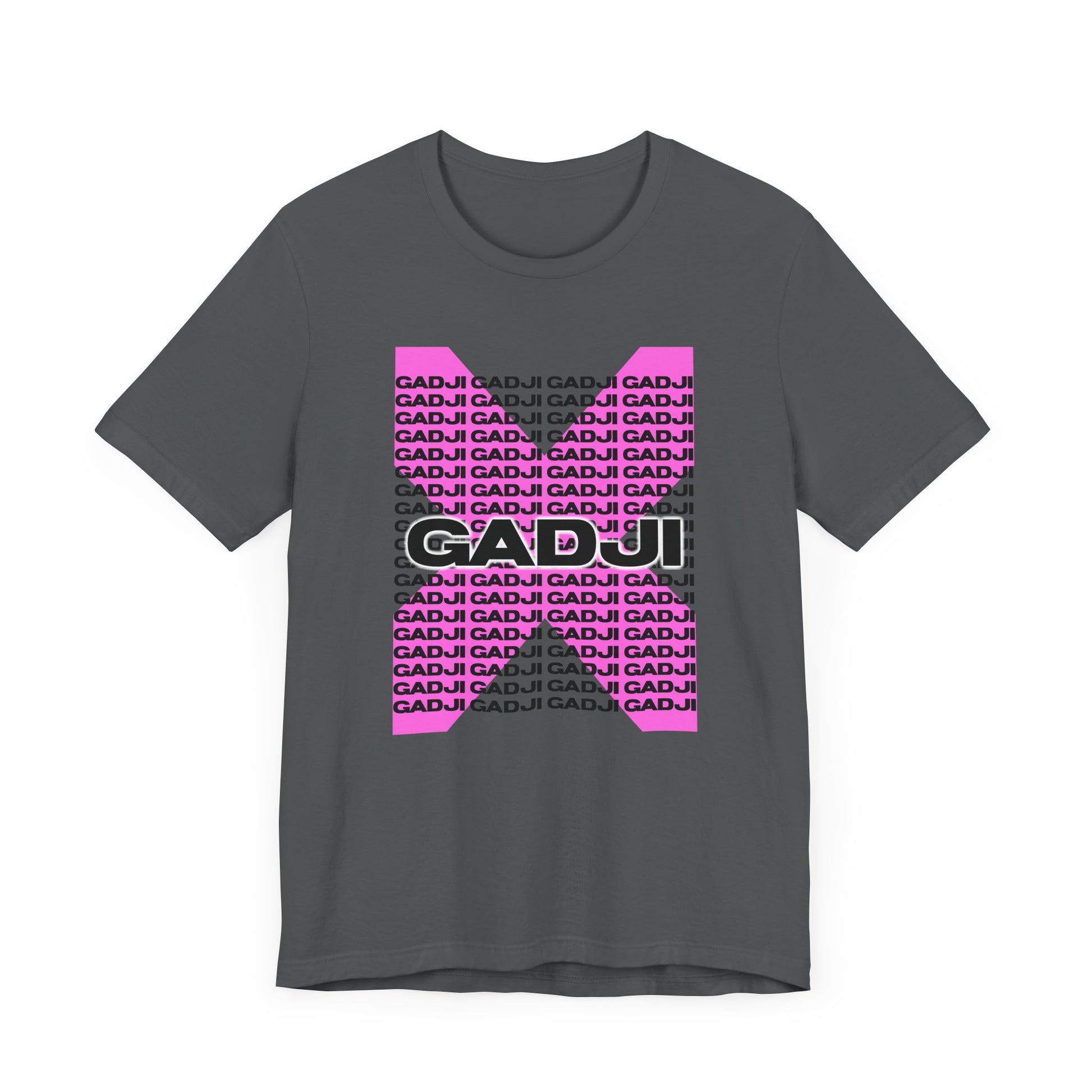 Charcoal tee featuring large GADJI letters with a faint Roman laurel wreath background.