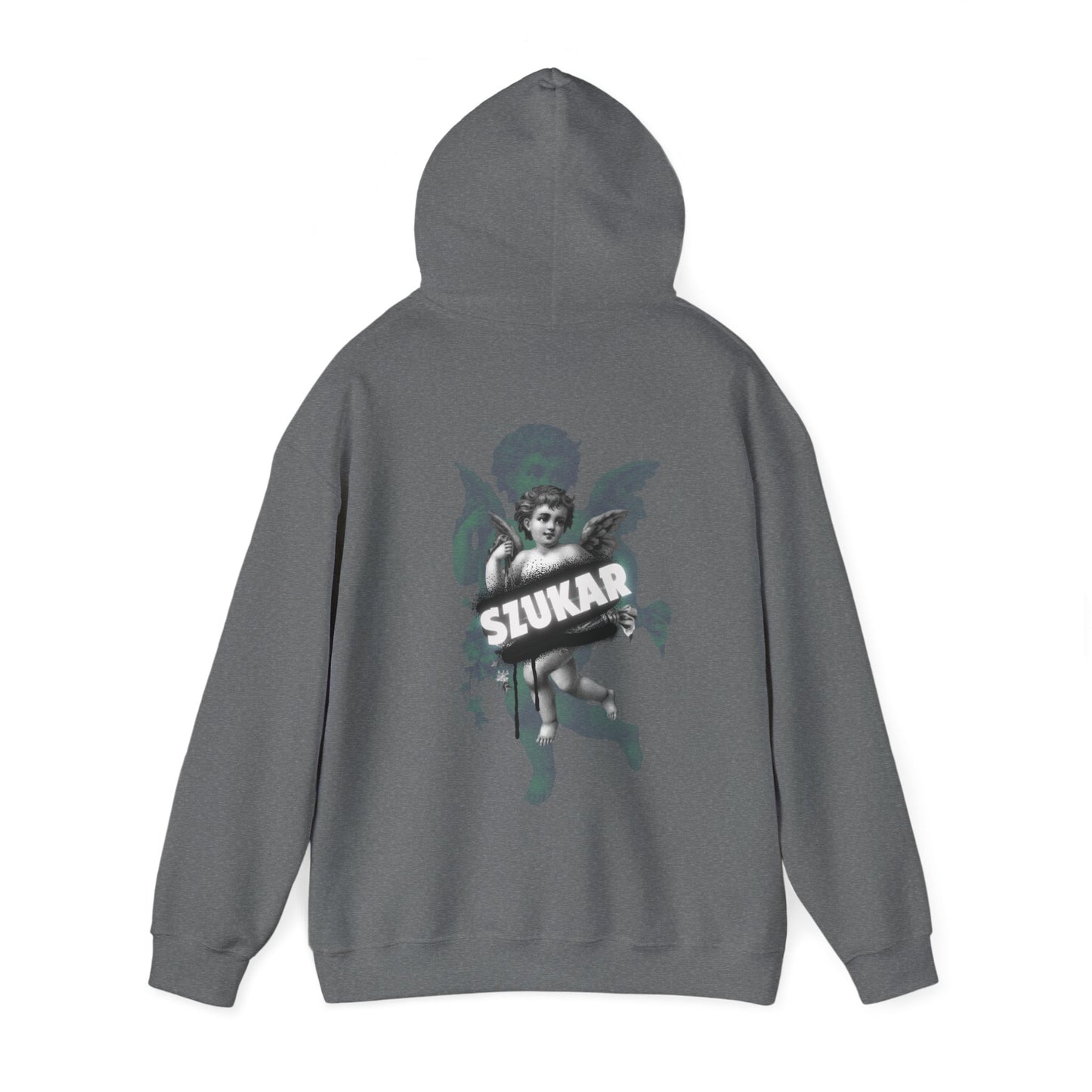 Sleek hoodie with sacred angel figure paired with standout ‘SZUKAR’ lettering on the front.