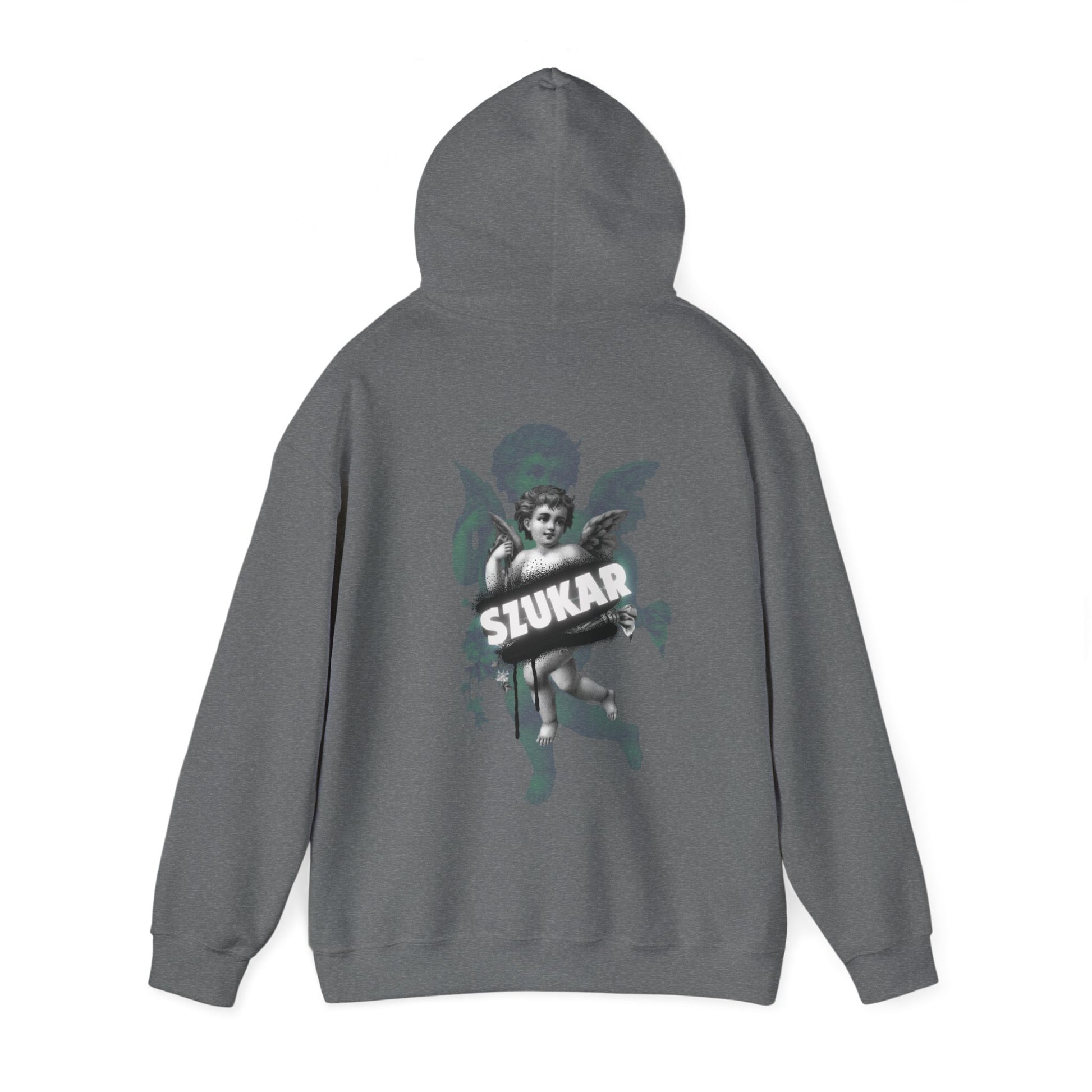 Sleek hoodie with sacred angel figure paired with standout ‘SZUKAR’ lettering on the front.