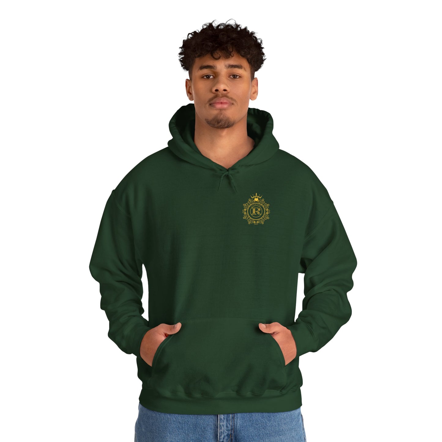 Statement hoodie with a clean crest design: crowned R and SZUKAR ROMA inside a perfect circle.
