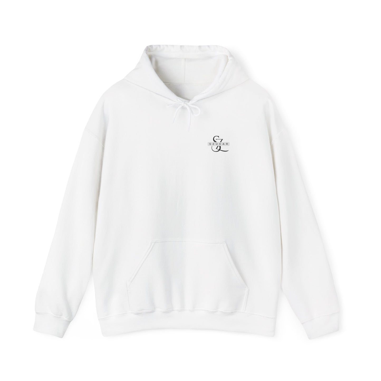 Men’s hoodie with minimalistic SZUKAR text design, perfect for everyday wear.