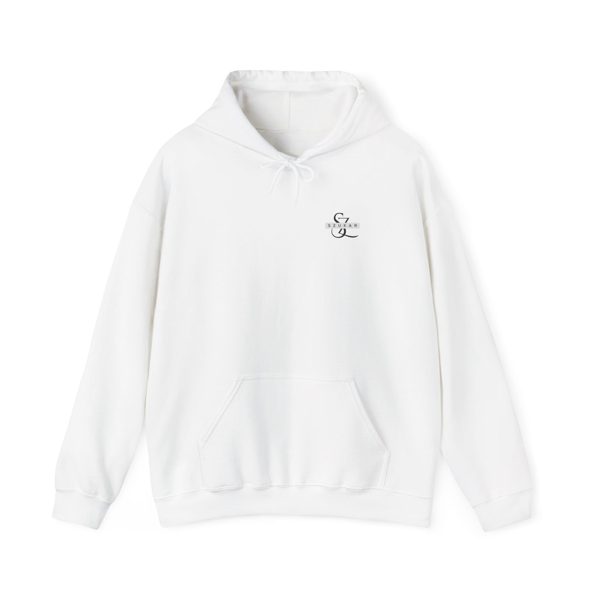 Men’s hoodie with minimalistic SZUKAR text design, perfect for everyday wear.