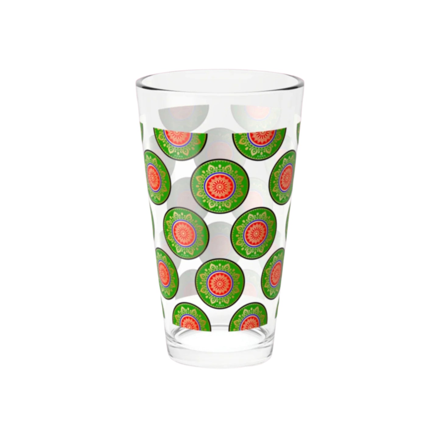 Clear cocktail mixing glass featuring Szukar Roma branding in black print.