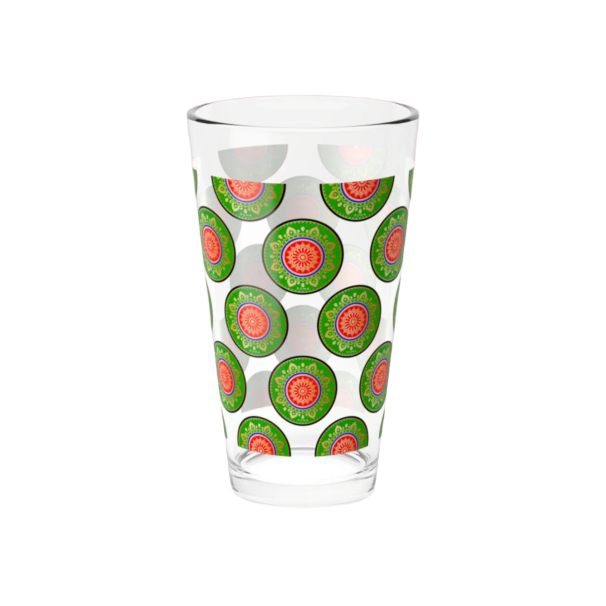 Clear cocktail mixing glass featuring Szukar Roma branding in black print.