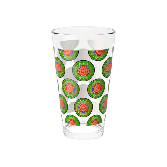 Clear cocktail mixing glass featuring Szukar Roma branding in black print.