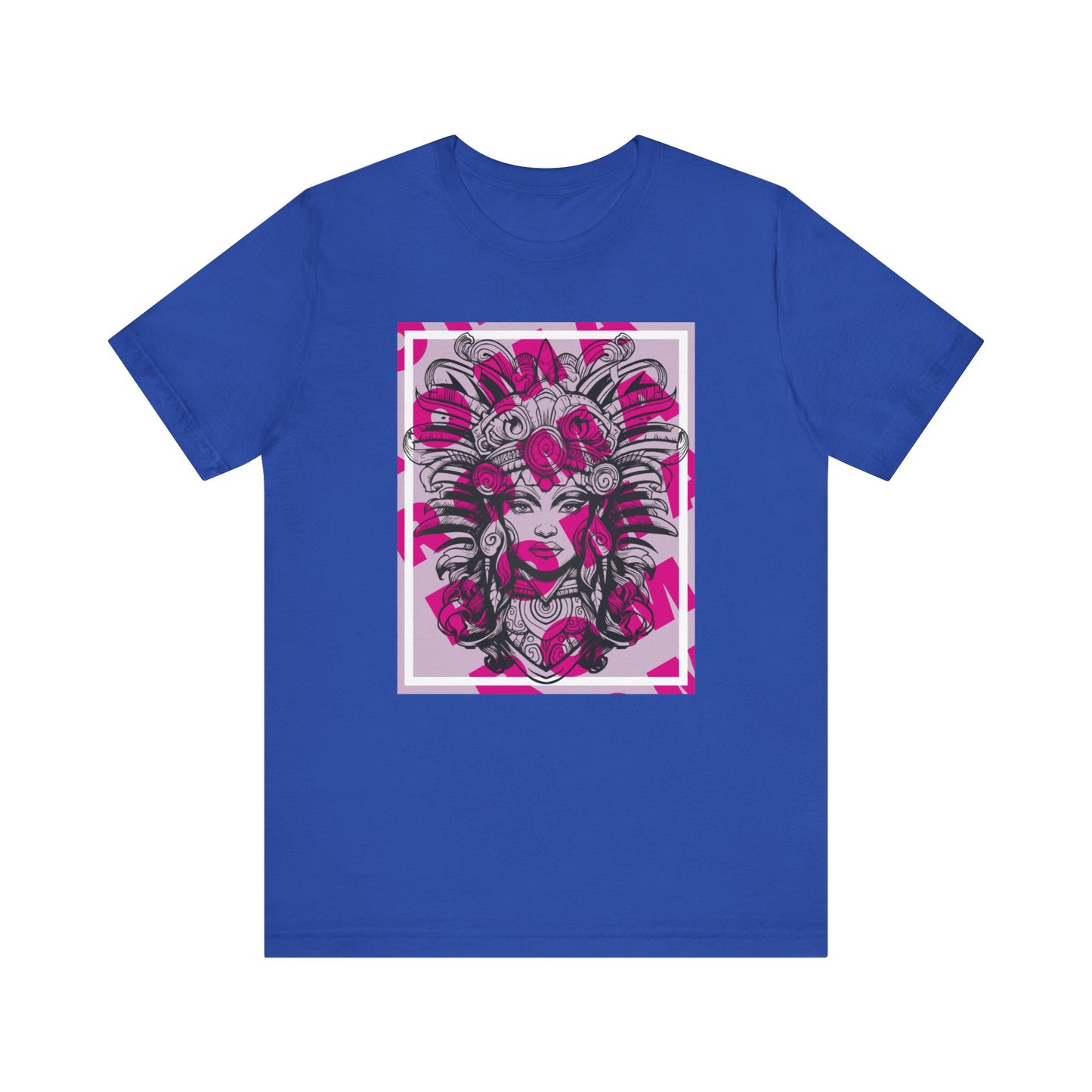 T-shirt design with a tribal Roma art theme, centered around a serene girl figure surrounded by ornate swirls and lines.