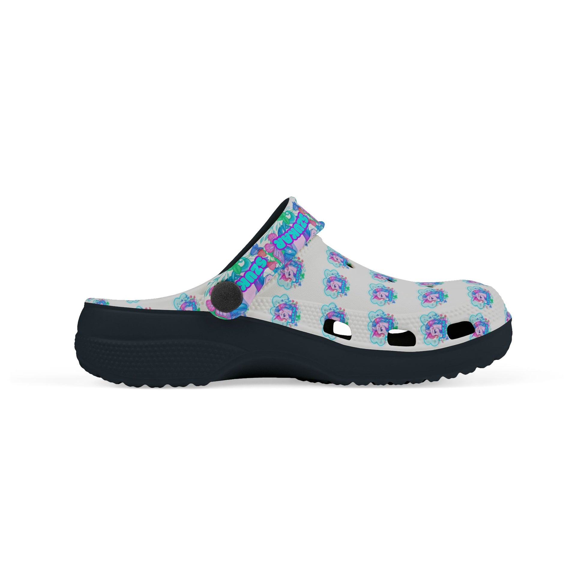 Lightweight Crocs adorned with bright unicorn illustrations and stars.

