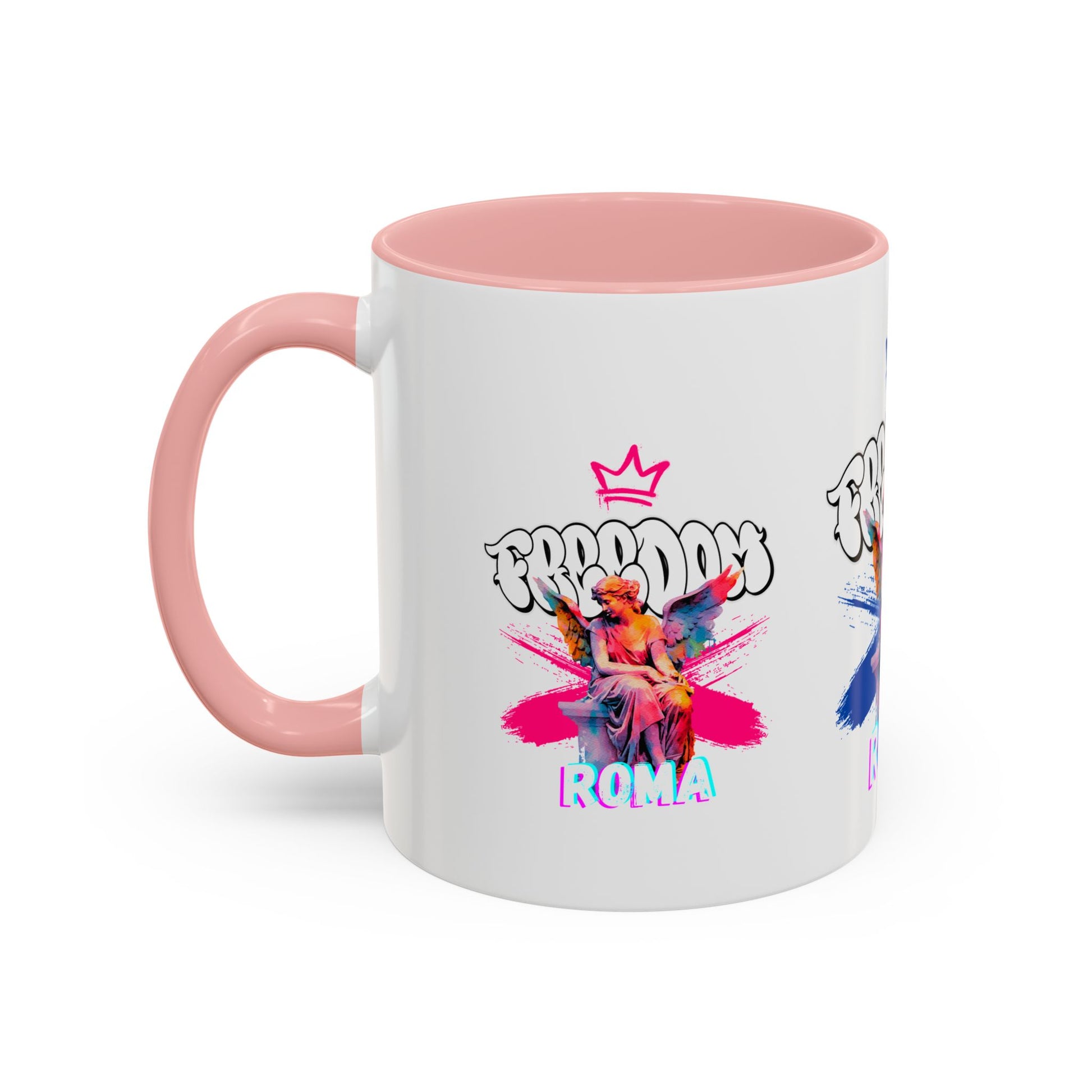 Pink coffee mug with matching pink handle and color-changing pink lip rim, crowned angel and ROMA text