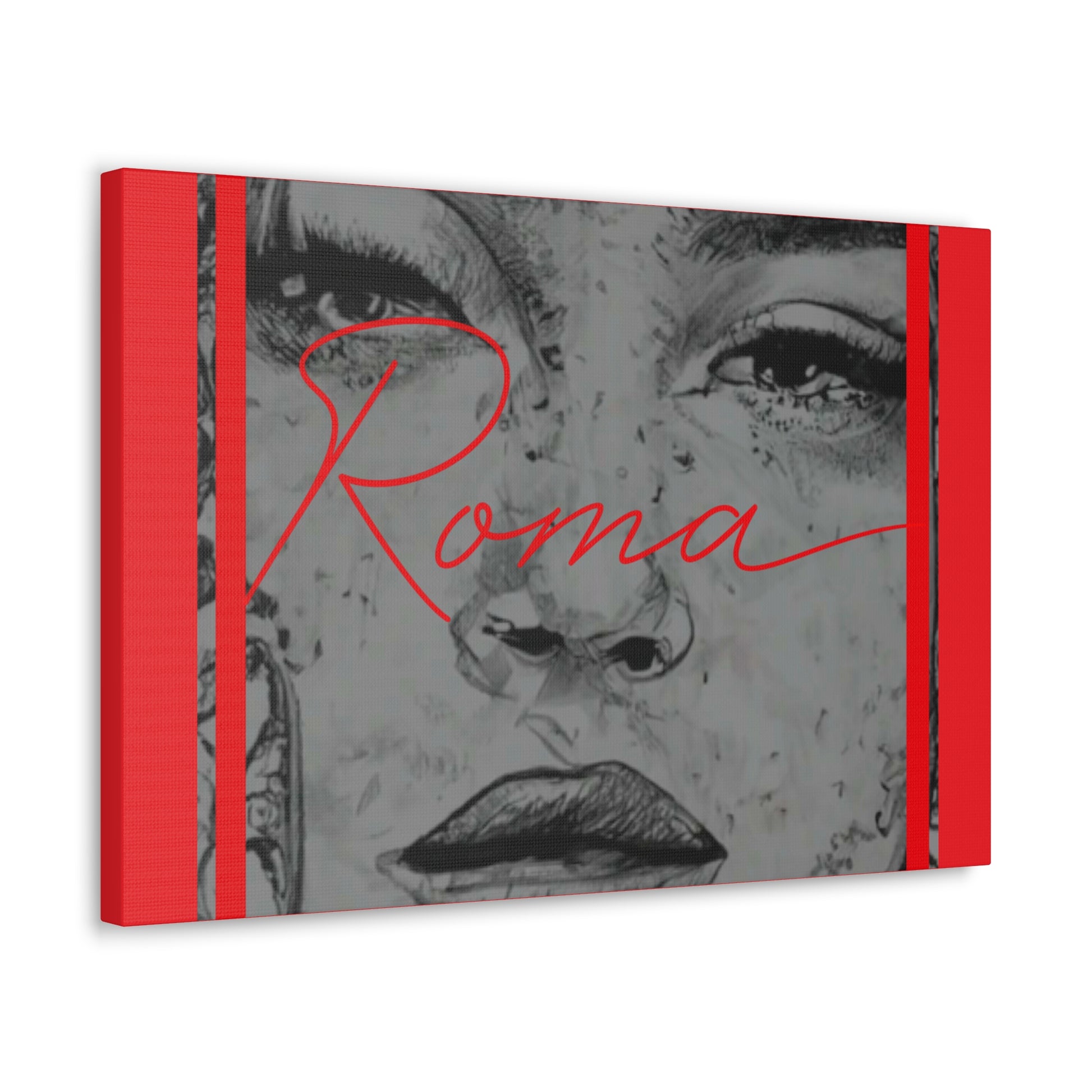 Emotive close-up canvas of a girl's vulnerable expression, surrounded by symbolic ROMA typography.