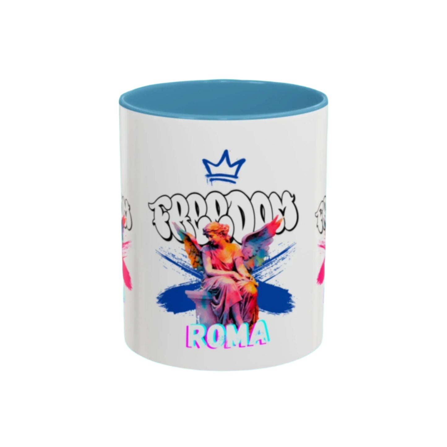 Sleek white mug featuring a vivid orange handle and rim, presenting an angel crowned in pink that floats above faint freedom lettering.