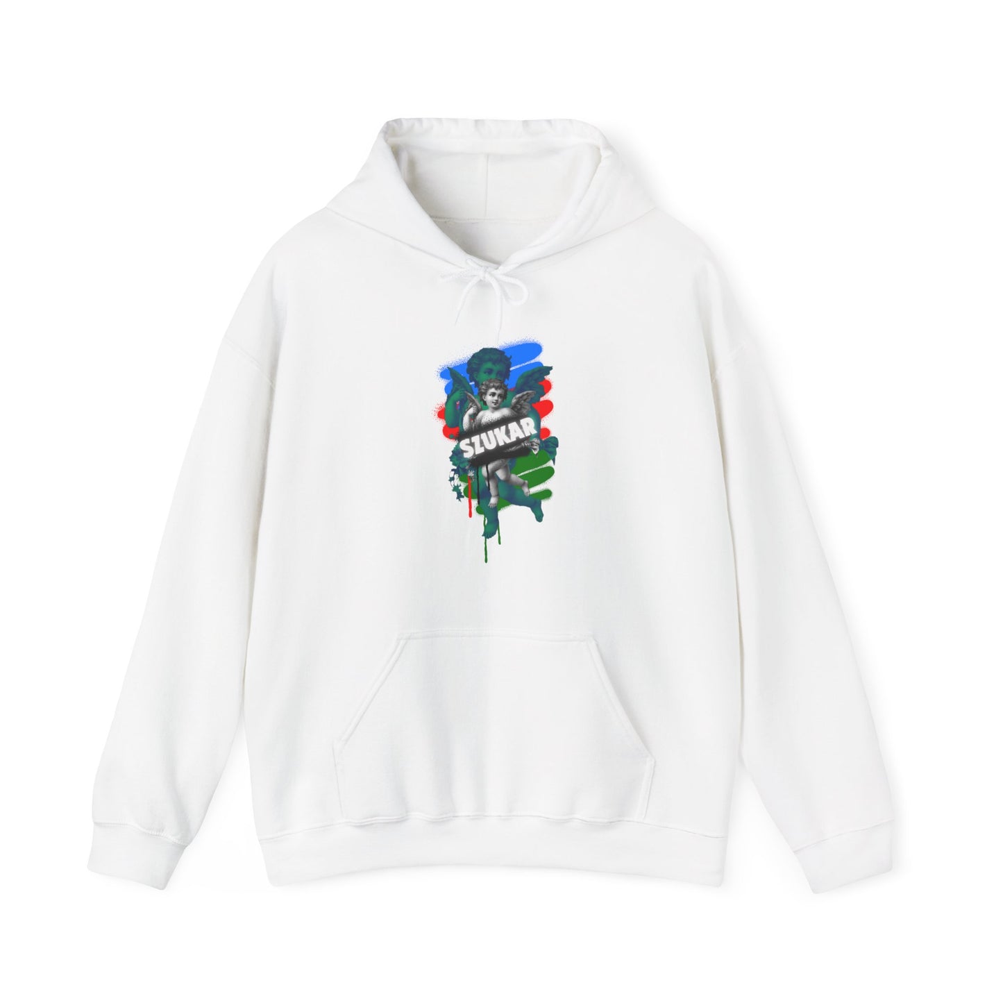 WHITE hoodie with spiritual angel graphic and modern ZORAL ROMA branding