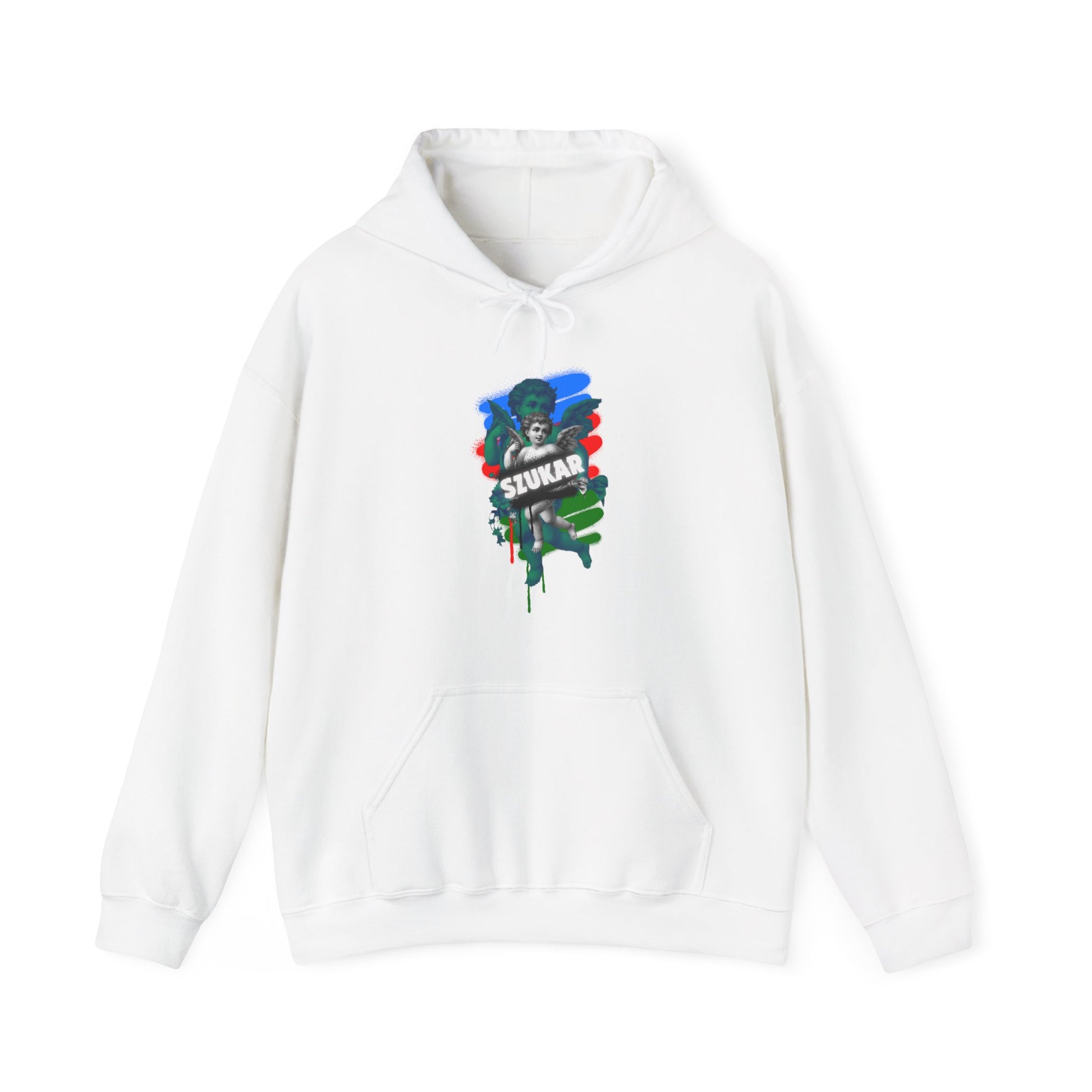 WHITE hoodie with spiritual angel graphic and modern ZORAL ROMA branding