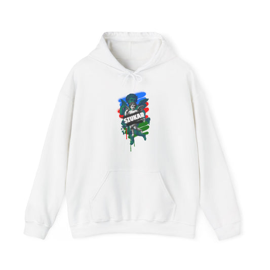 WHITE hoodie with spiritual angel graphic and modern ZORAL ROMA branding