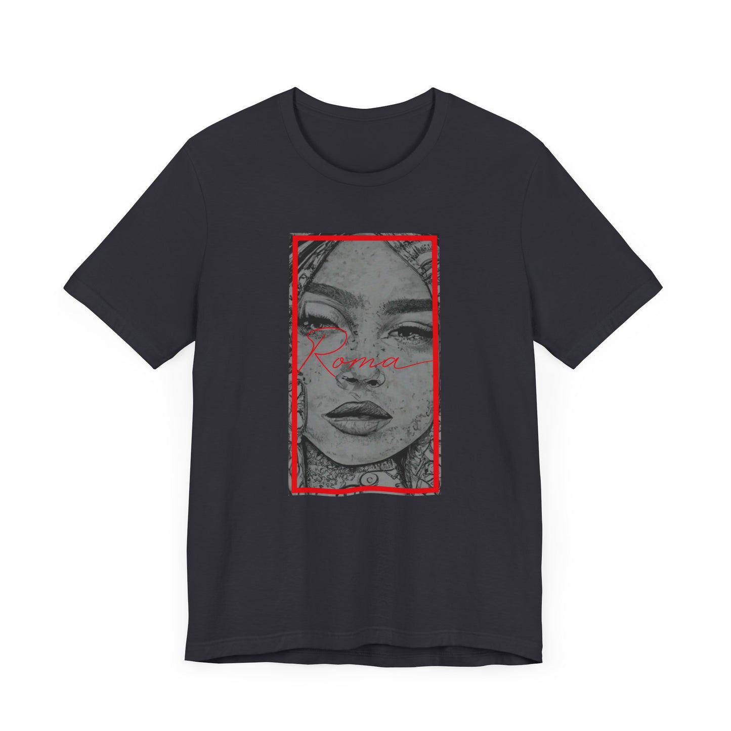 Bold t-shirt design with a classic Roma statue image, ‘ATTENTION’ text subtly printed behind, and ‘Roma’ captioned below.